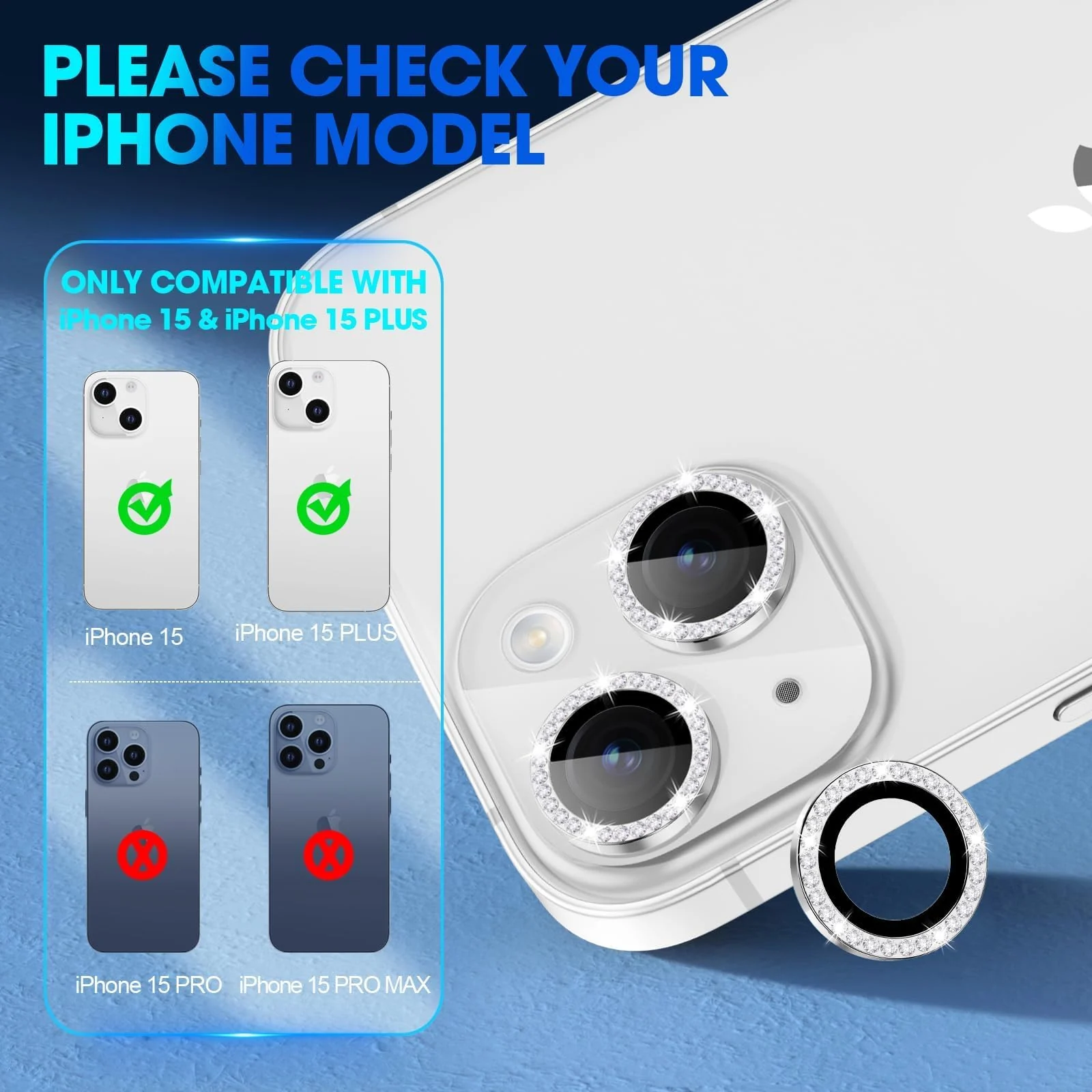 DL3 Mobilak Compatible with iPhone 15/15 Plus & iPhone 14/14 Plus Camera Lens Protector, Anti-Scratch HD Tempered Glass Lens Screen Protection Cover, Metal Individual Lens Ring - Diamond Silver