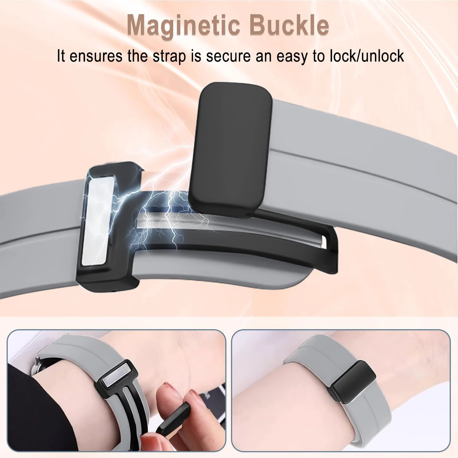 DL3 MOBILAK Magnetic Silicone Watch Strap for Samsung Galaxy Watch 8 40 / 44 mm and Watch 8 Classic 46 mm, Gray