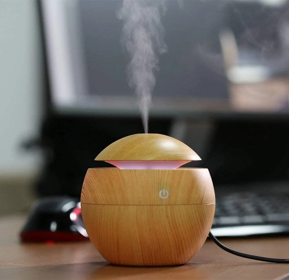 Mobigon Wood Cool Mist Ultrasonic Humidifier for Room Moisture, Aroma Diffuser for Home, 200ml Essential Oil Diffuser with 7 Colorful Night Light, Auto Shut-Off, Home, Office, car - A.Light Brown