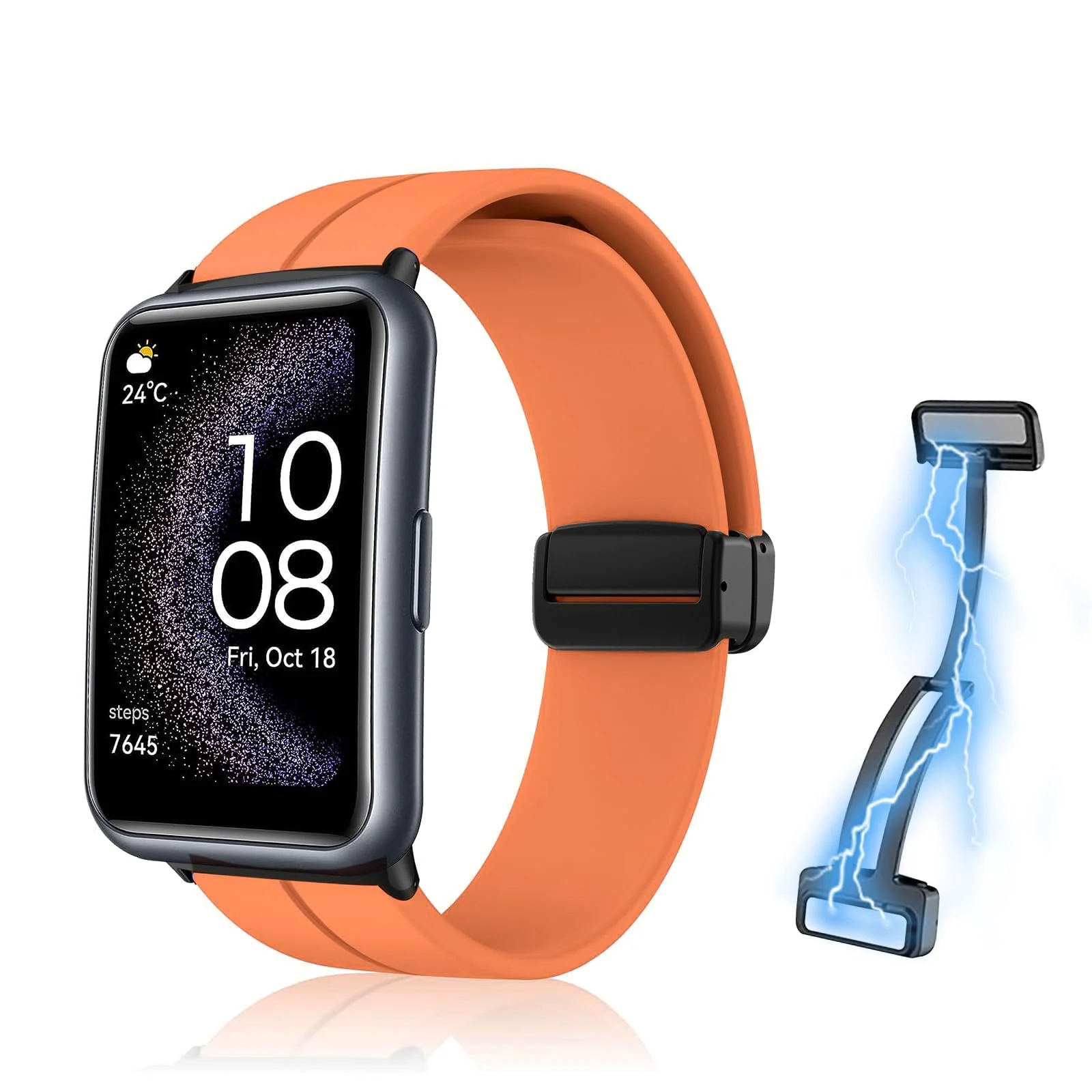 DL3 Mobilak Silicone Strap Compatible with Huawei Watch Fit Magnetic Metal Stainless Buckle Sport Silicone Strap for Huawei Watch Fit Band Quick Release Soft Replacment Wristband - Orange
