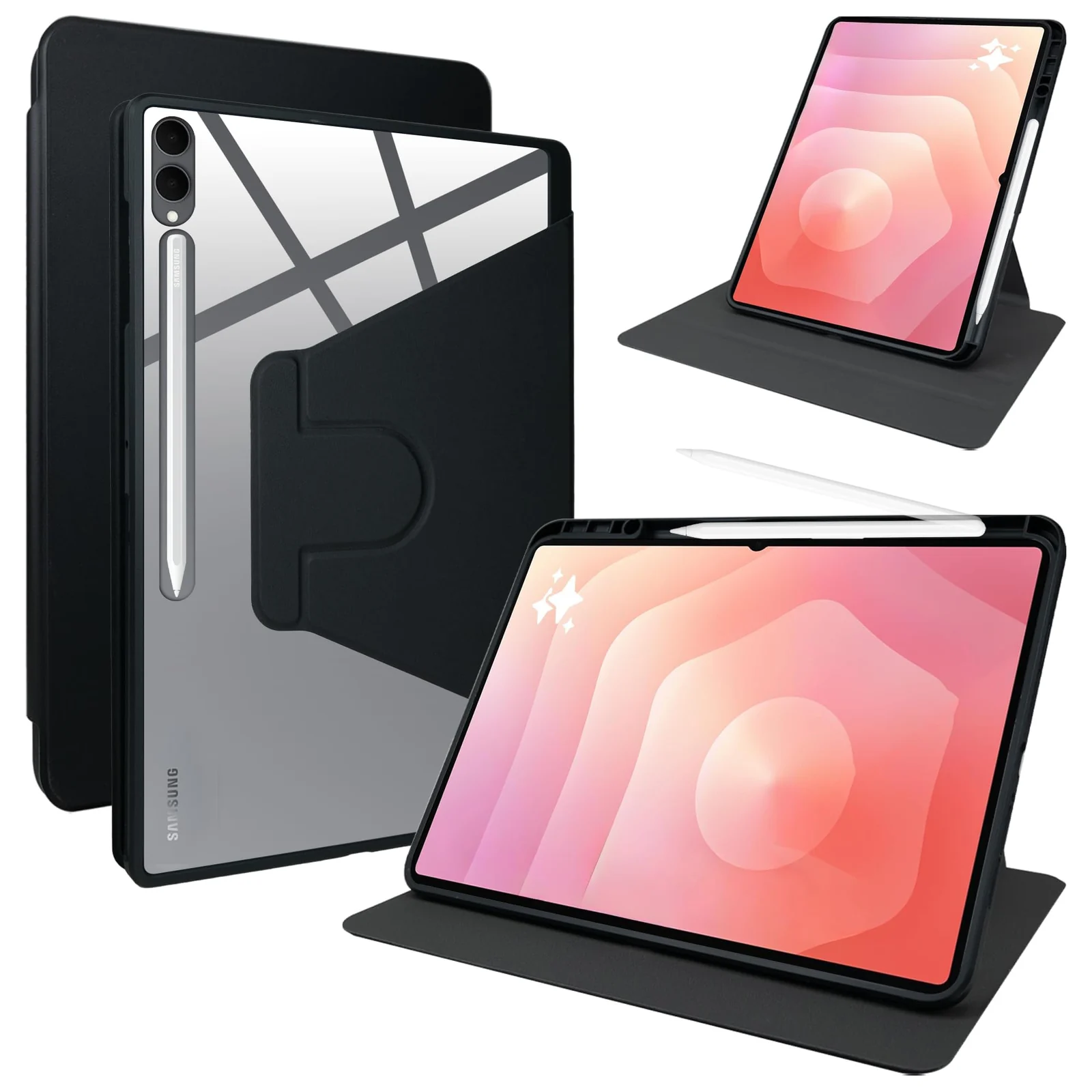 DL3 Mobilak Case for Samsung Galaxy Tab S9 FE+/S9 Plus/S10+Plus 12.4 inch, 360° Rotation Multi-angle Stand Slim Cover PU leather + Transparent Acrylic case with Pen Holder Auto Wake/Sleep - Black