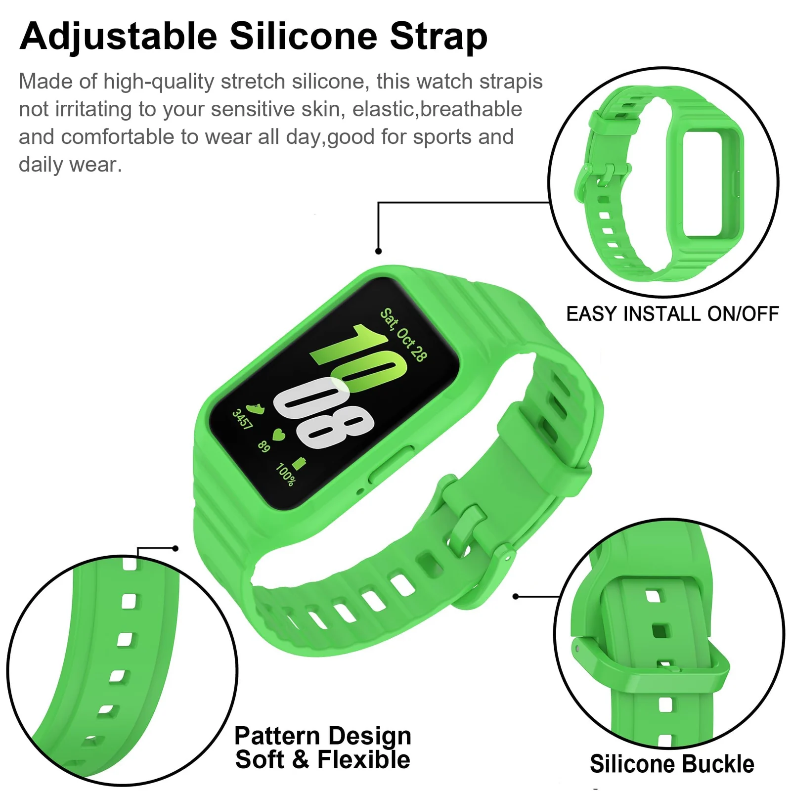 DL3 Mobilak Strap Compatible with Samsung Galaxy Fit 3 SM-R390, Silicone Sport Band Replacement Watchband with Bumper Case for Samsung Galaxy Fit 3, Adjustable Wristband - Neon Green