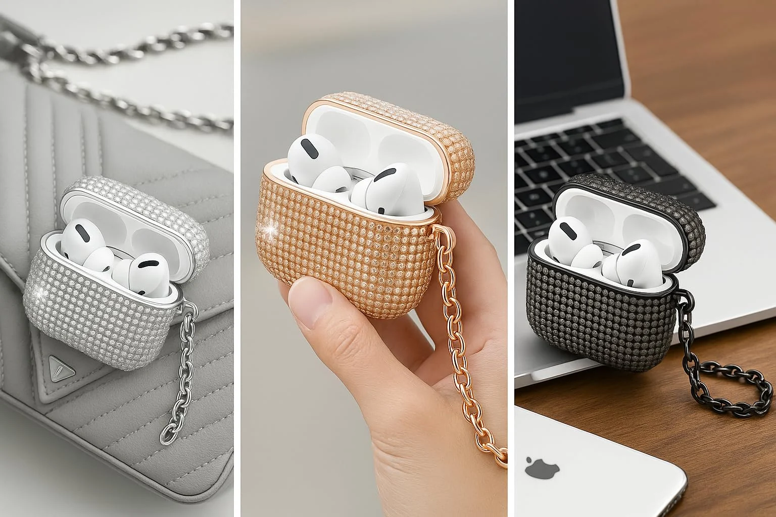 DL3 Mobilak Luxury Rhinestone Case for AirPods Pro 1/2 (AirPods Pro 2nd/1st), Sparkling Glitter Protective Cover with Detachable Metal Hand Chain, Shockproof Ideal Gift for Women & Girls - Gold