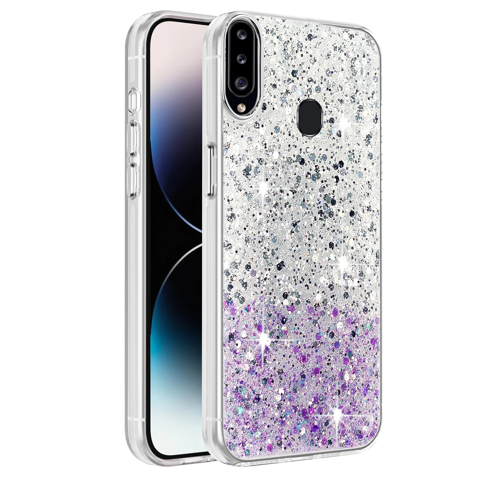 DL3 Mobilak Glitter Rhinestone Protective Case for Samsung Galaxy A20s with Shockproof Design - White Purple