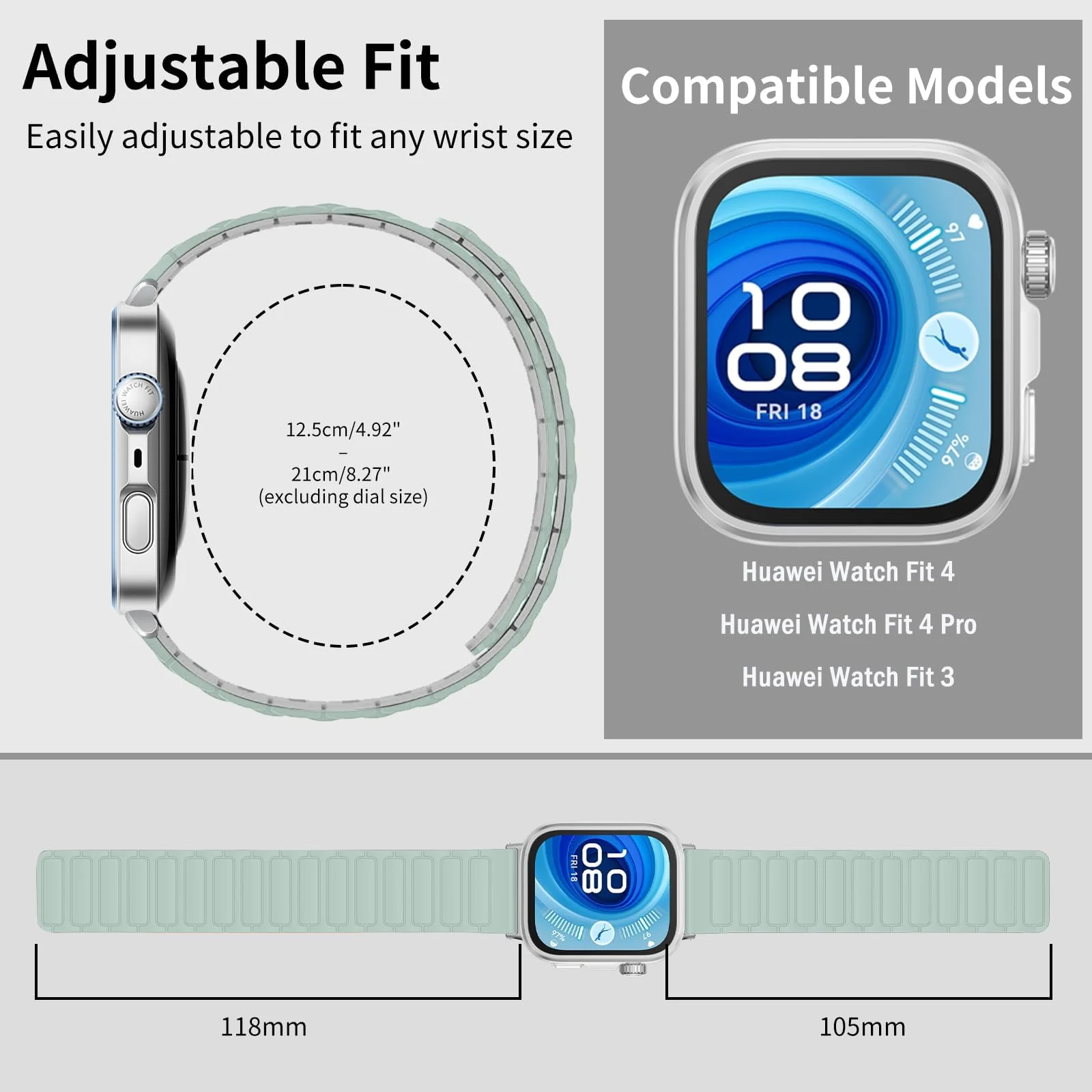 DL3 Mobilak Magnetic Strap for Huawei Watch Fit 4 Pro/Fit4/Fit 3 Replacement Straps Strong Silicone, Easy to Wear, Waterproof, Sporty, Daily Wear Watchbands for Men and Women - Mint Green | Starlight