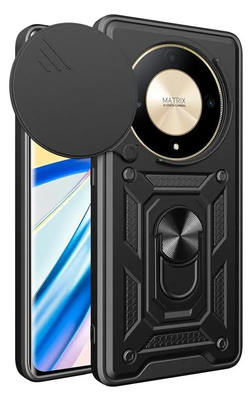 DL3 Mobilak Silicone Protective Case for Honor X9a with Slide Camera, Built-in magnetic car-mount support, Shock-absorbing protection, Built-in kickstand - Black
