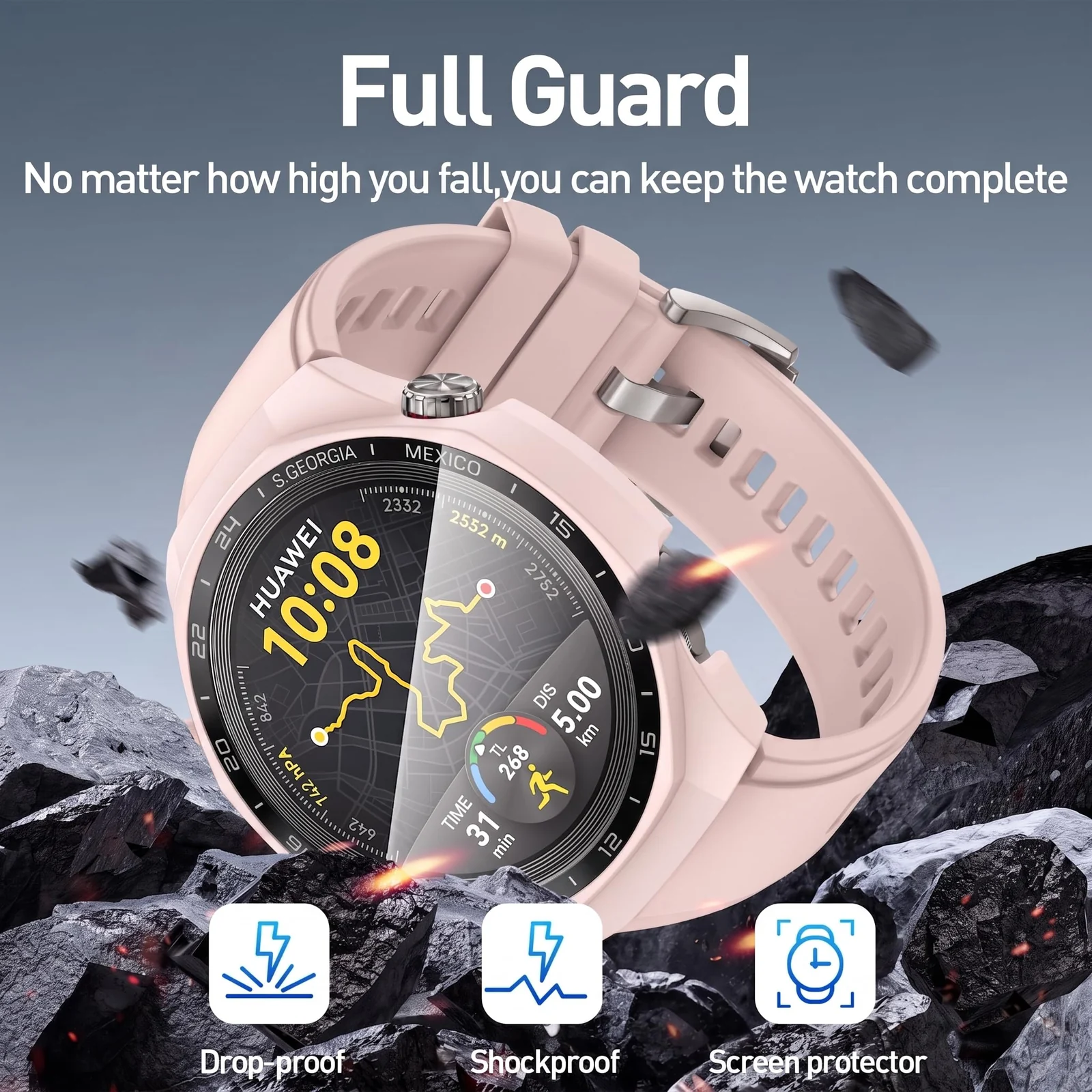 DL3 MOBILAK Full-Coverage Watch Case with Tempered Glass for Huawei Watch GT 5 Pro 46 mm, Pink