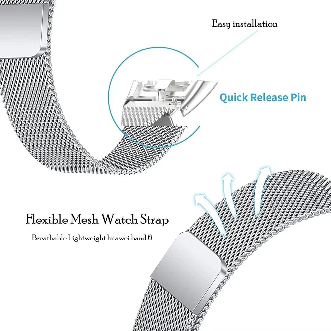 DL3 Mobilak Strap for Honor Band 6/Huawei Band 6/Huawei Band 6 Pro, Metal Woven Stainless Steel Magnetic Replacement Strap, Classic Adjustable Watch Strap For Honor Band 6 Bracelets - Silver