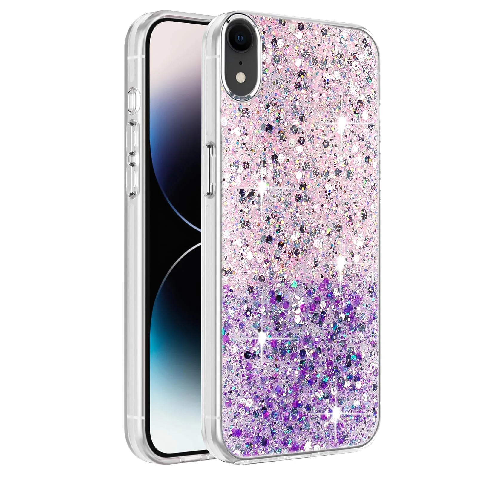 DL3 Mobilak Compatible with iPhone XR Case, Clear Glitter Bling Sparkly, Soft TPU Frame Bumper, Hard-Back Cover for Women & Girls, Transparent Protective Phone Case - Pink Purple