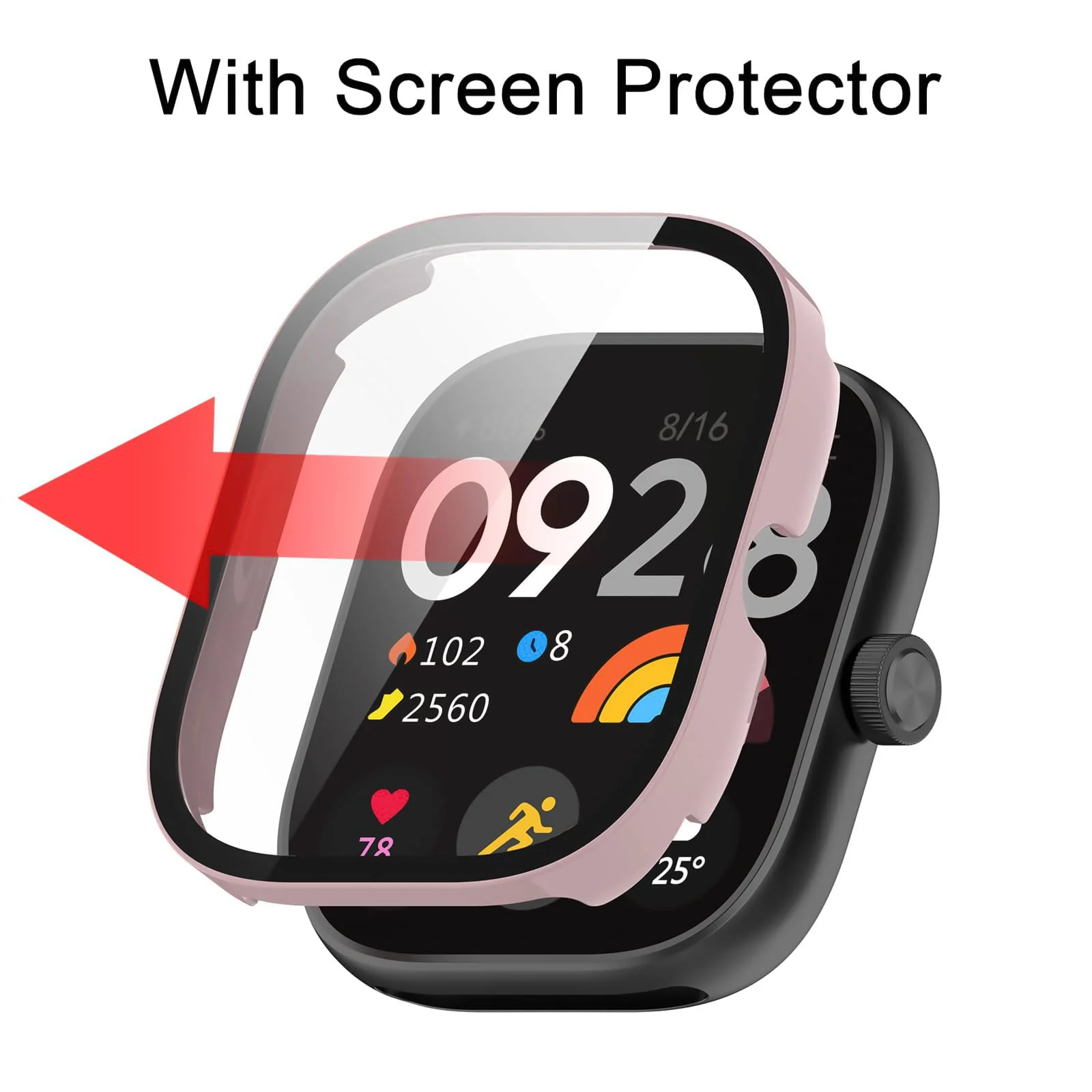 DL3 MOBILAK Full-Coverage Watch Case with Tempered Glass for Xiaomi Redmi Watch 4, Pink