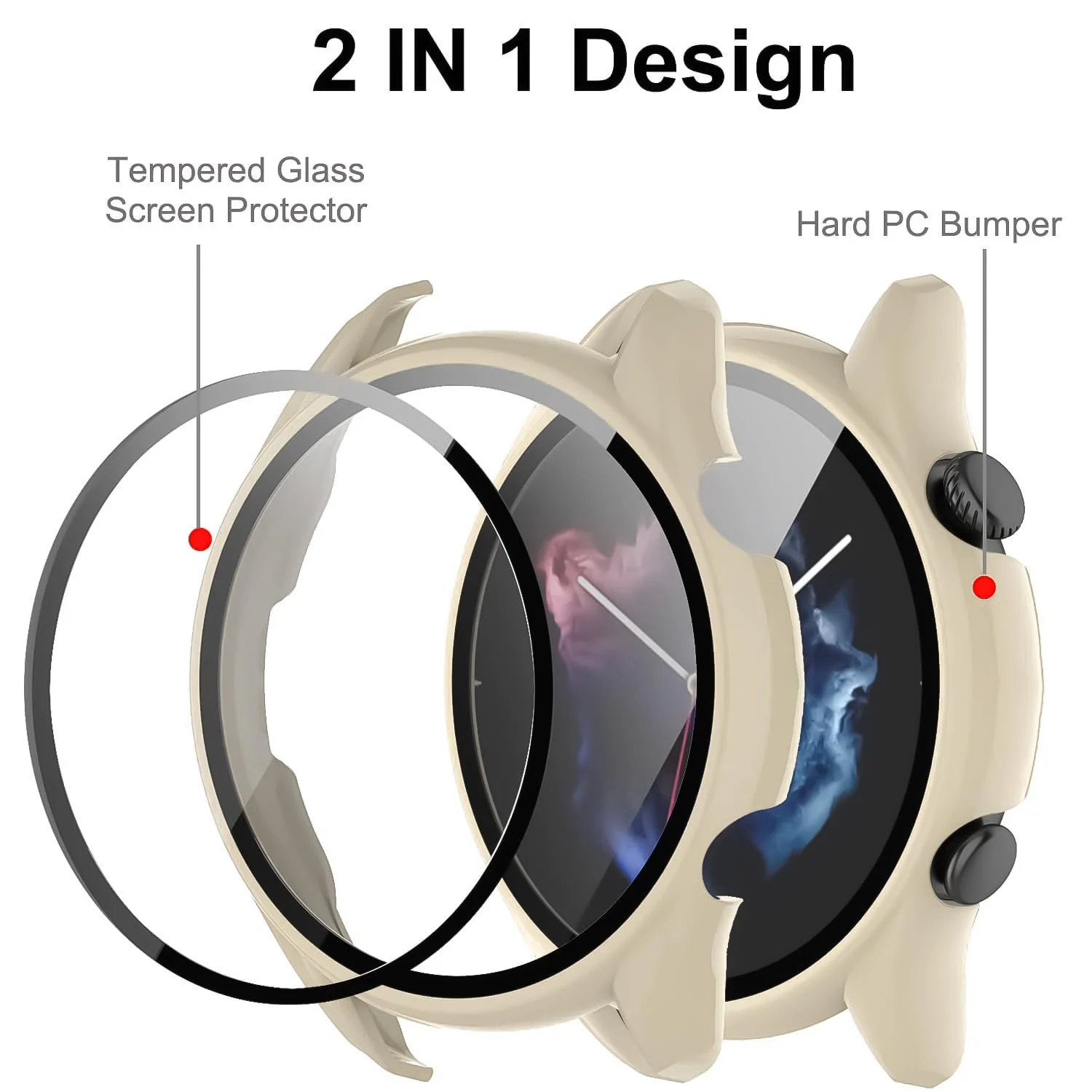 DL3 Mobilak Protective Case Compatible with Amazfit GTR 2 / GTR 2e 9H Hardness PC Case Bumper Full Slim Protective Cover with Tempered Glass For Amazfit GTR2 / GTR 2e - Ivory White