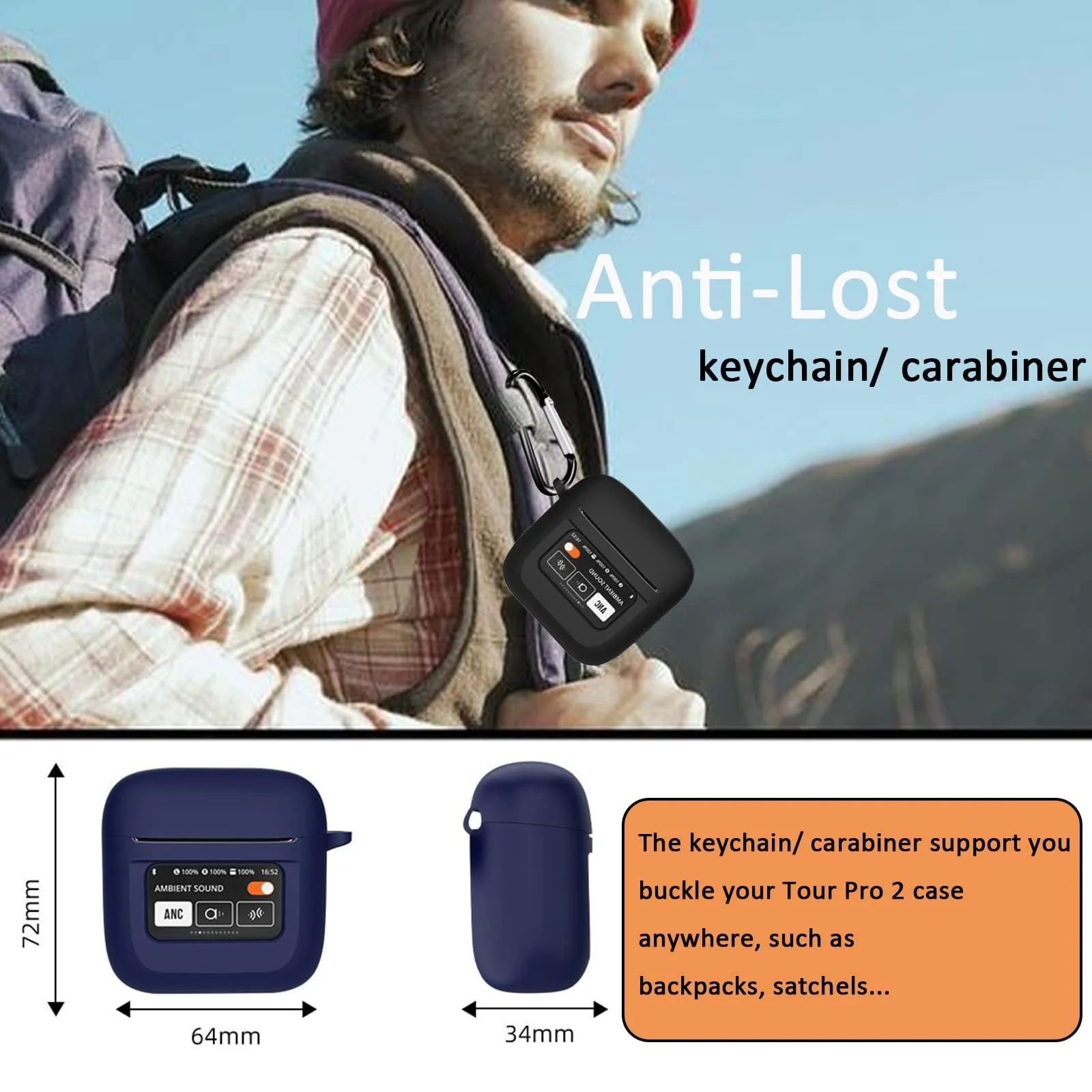 DL3 Mobilak Case for JBL Tour Pro 2 Earbuds Cover, [LCD Touch Screen Visible] [Anti-Lost Keychain] Soft Silicone Protective Skin Case for JBL Tour Pro 2 Charging with Carabiner - Black