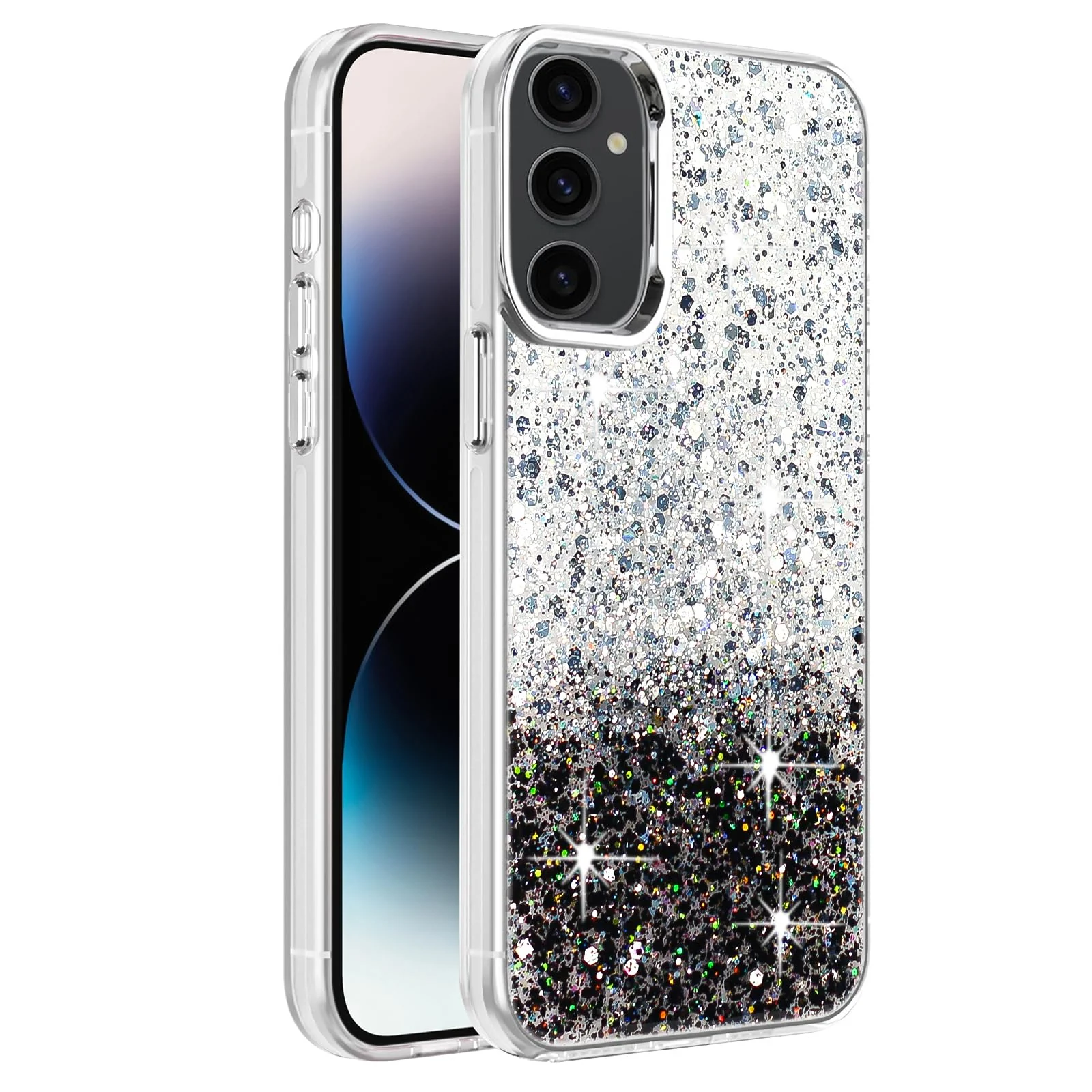 DL3 Mobilak Compatible with Samsung Galalxy A16 5G Case, Clear Glitter Bling Sparkly, Soft TPU Frame Bumper, Hard-Back Cover for Women & Girls, Transparent Protective Phone Case - White Black