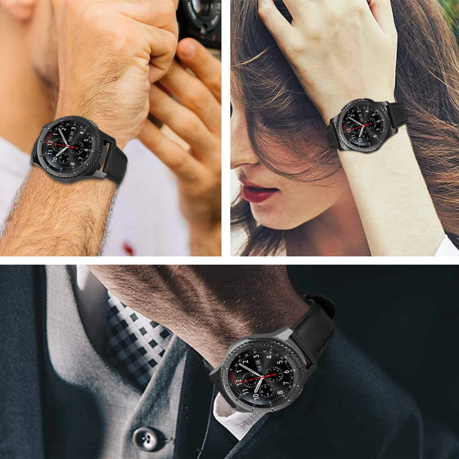 DL3 Mobilak Leather Band 20MM Strap For Samsung Gear Sport/Watch 4/Watch 5/5 Pro /S2 classic/active 2 40mm 44mm/Amazfit GTS 3/ GTS 4/4 Mini/Bip 3/Pro/GTS 2 mini/GTS 2e/Bip U/UPro - Black