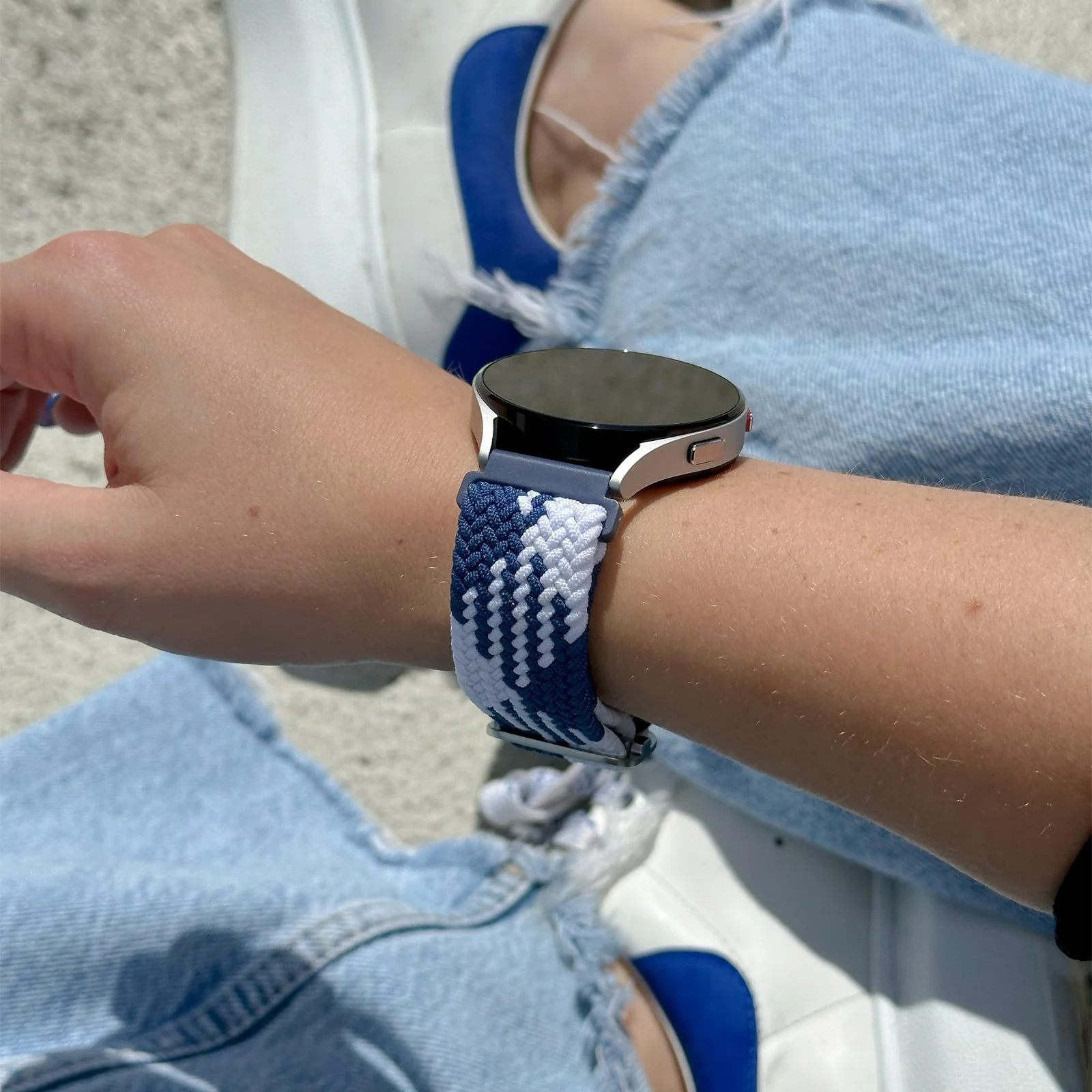 DL3 Mobilak Band 22MM Nylon Braided Solo Loop Strap For Samsung galaxy watch3 45mm/galaxy 46mm/Gear S3/Huawei watch GT3 46MM/GT2E/GT2 Pro/GT GT2 46MM/Amazfit GTR 2/2e/3/4 (Small) - Blue White
