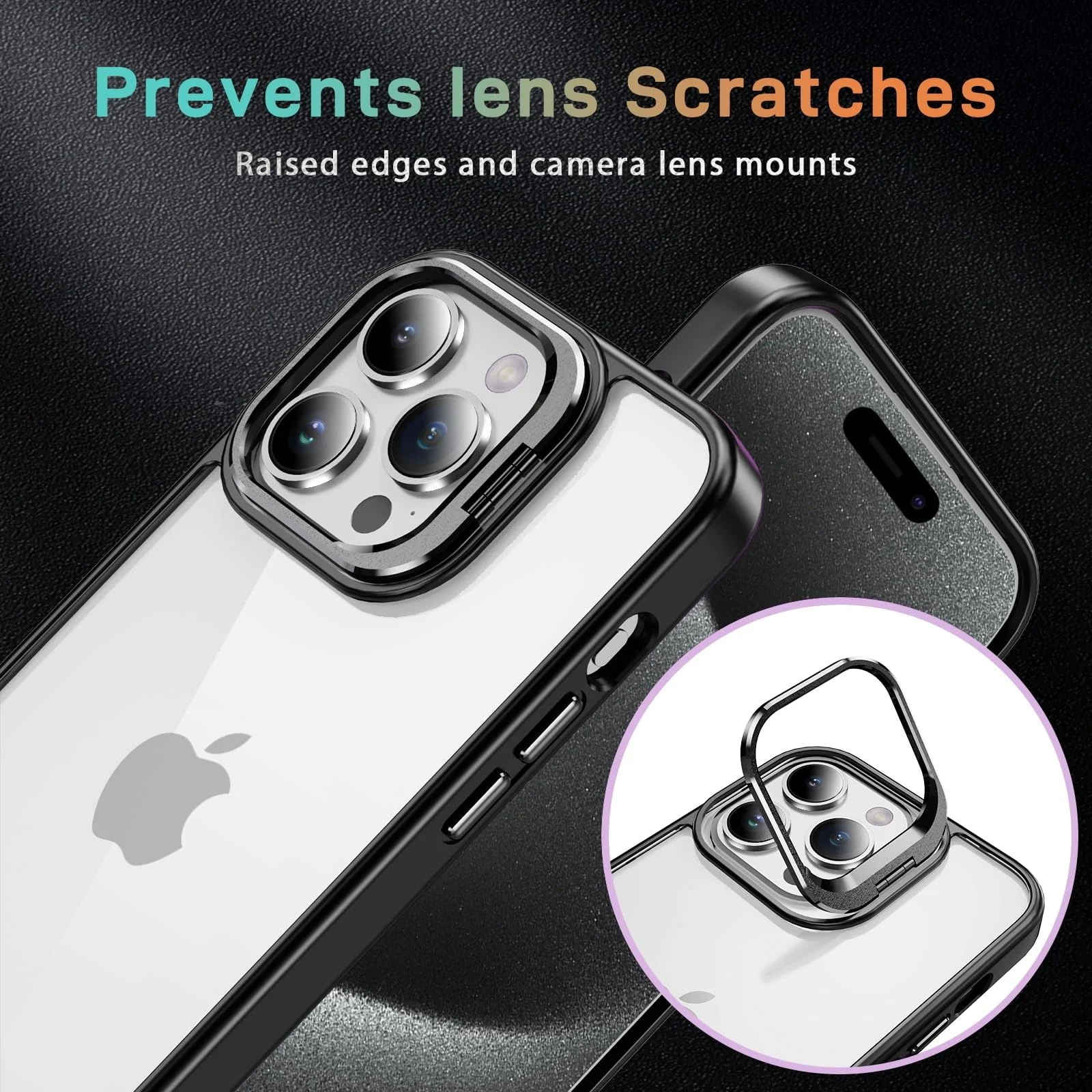DL3 Mobilak Clear PC and TPU Case with Camera Ring Kickstand and Lens Protector for iPhone 16 - Black