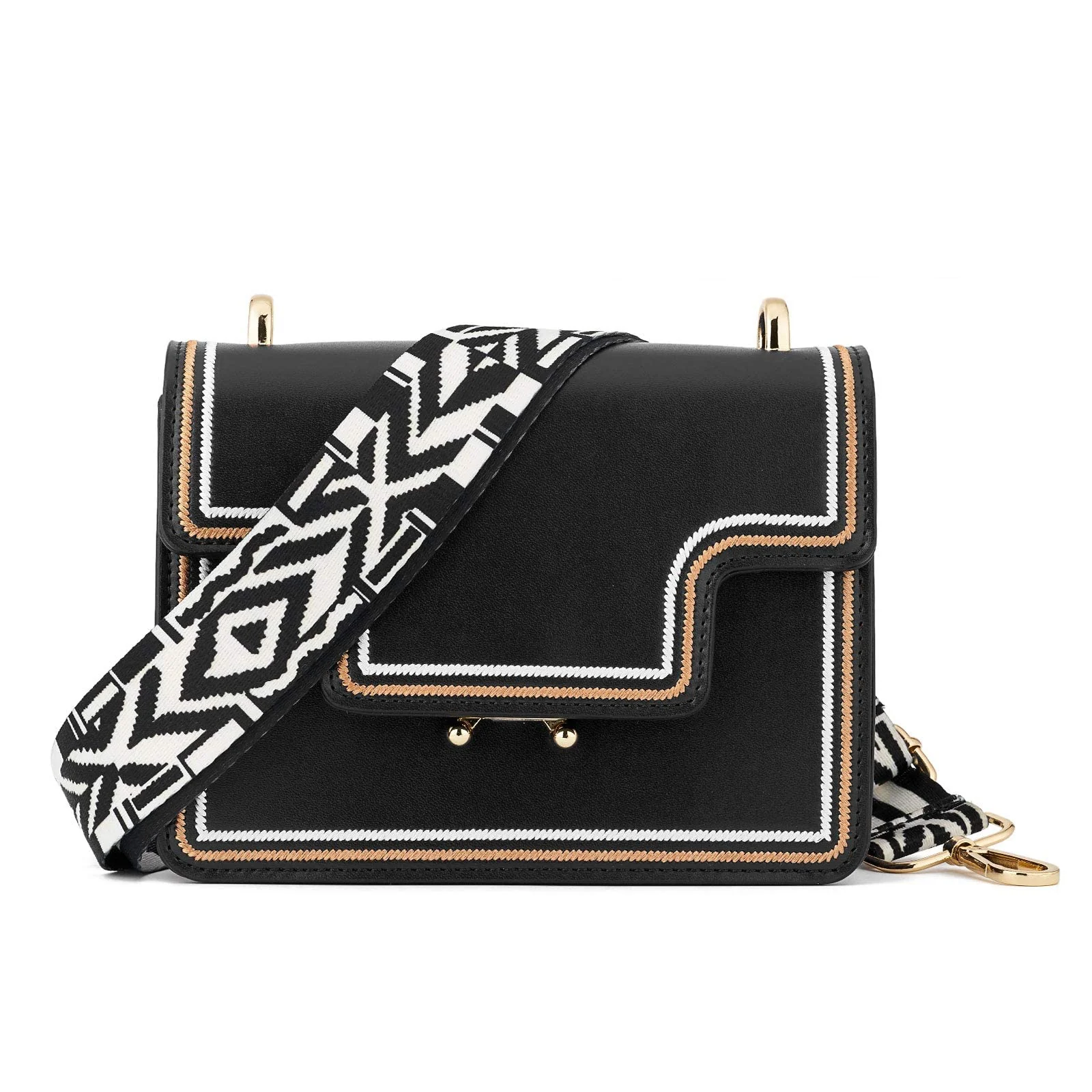 DL3 Mobilak Adjustable Wide Crossbody Bag Strap for Women, Replacement Shoulder Strap for Handbags, Totes & Purses with Elegant Embroidered Pattern and Metal Hooks - Black Geometry