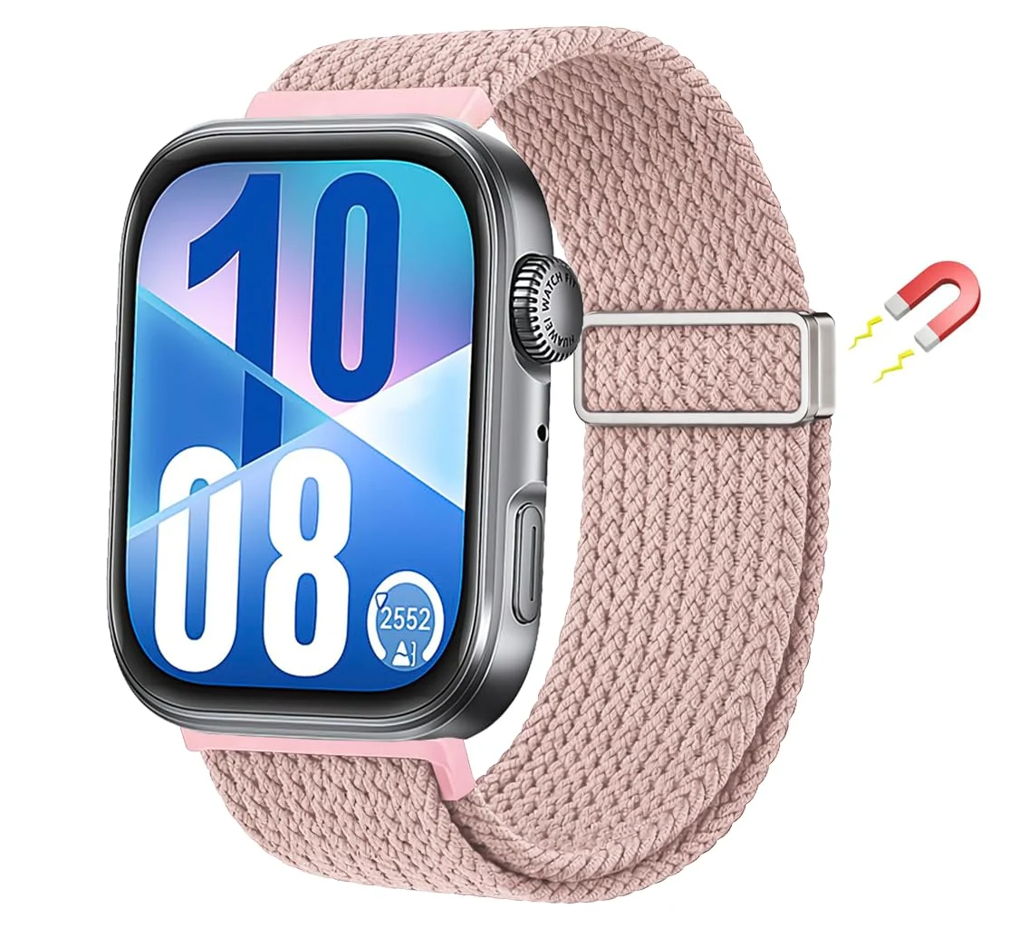 DL3 Mobilak Braided Strap for Huawei Watch Fit 4 / Fit 4 Pro/Fit 3 Bracelet, Quick Release Adjustable Nylon Sport Elastic Loop Band, Anti-Slip Magnetic Buckle Stretchy Nylon Strap - Light Pink