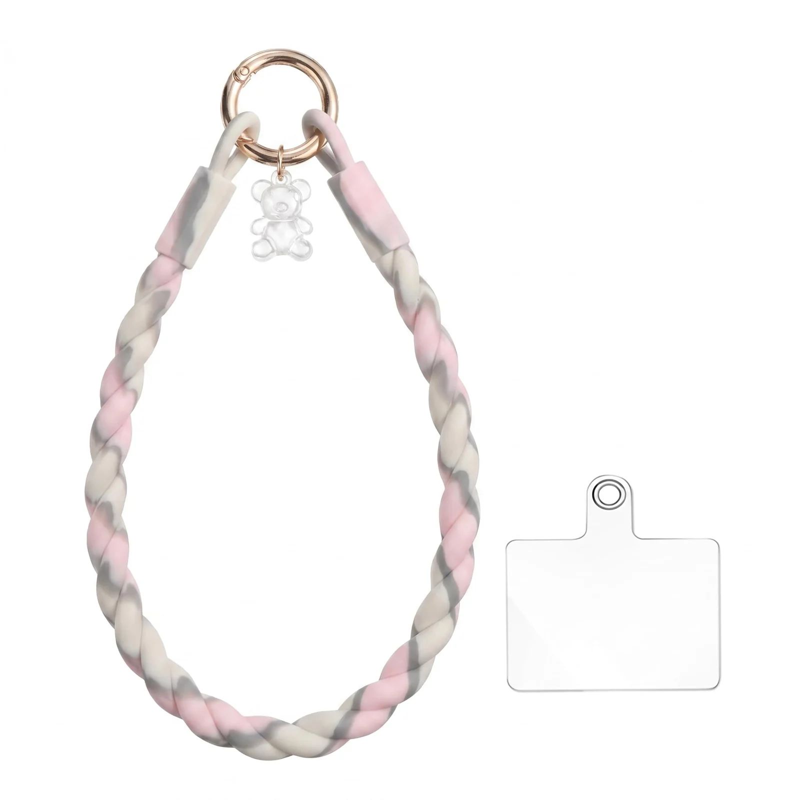 DL3 Mobilak Silicone Crystal Lanyard, 30cm Phone Wrist Strap Lanyard Keychain Office Wrist Strap with Clasp and Bear for Women Phone ID Card, Keys Strap - Beige/Pink