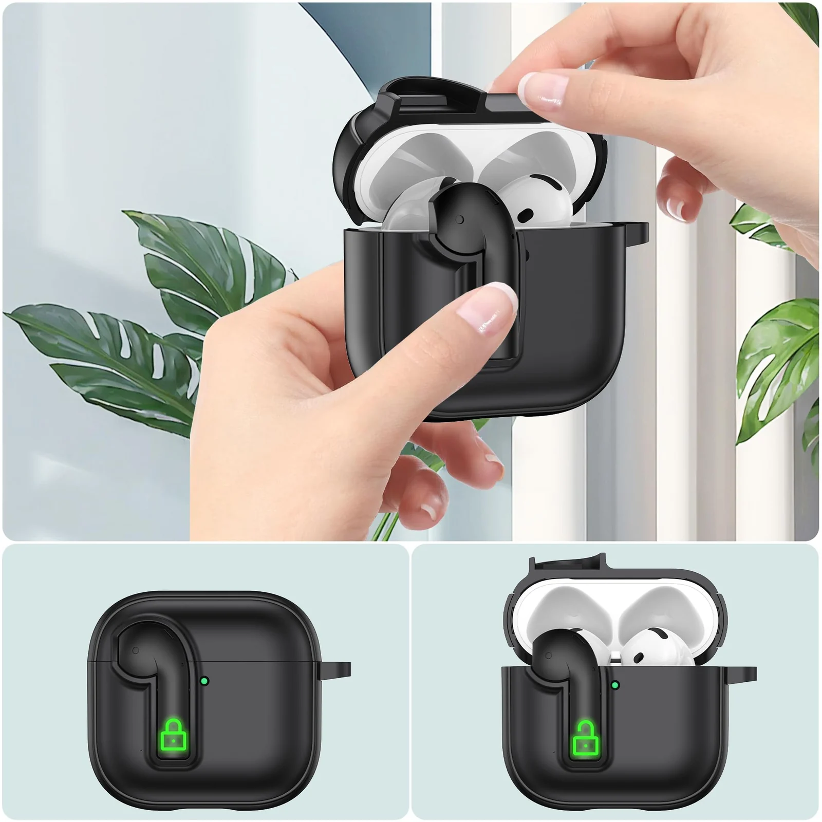 DL3 Mobilak for AirPods 4 Case with Lock, Funny Cute AirPods 4th Generation Case Cover, Shockproof Protective Cover for AirPod Gen 4 2024 with Keychain - Black Green