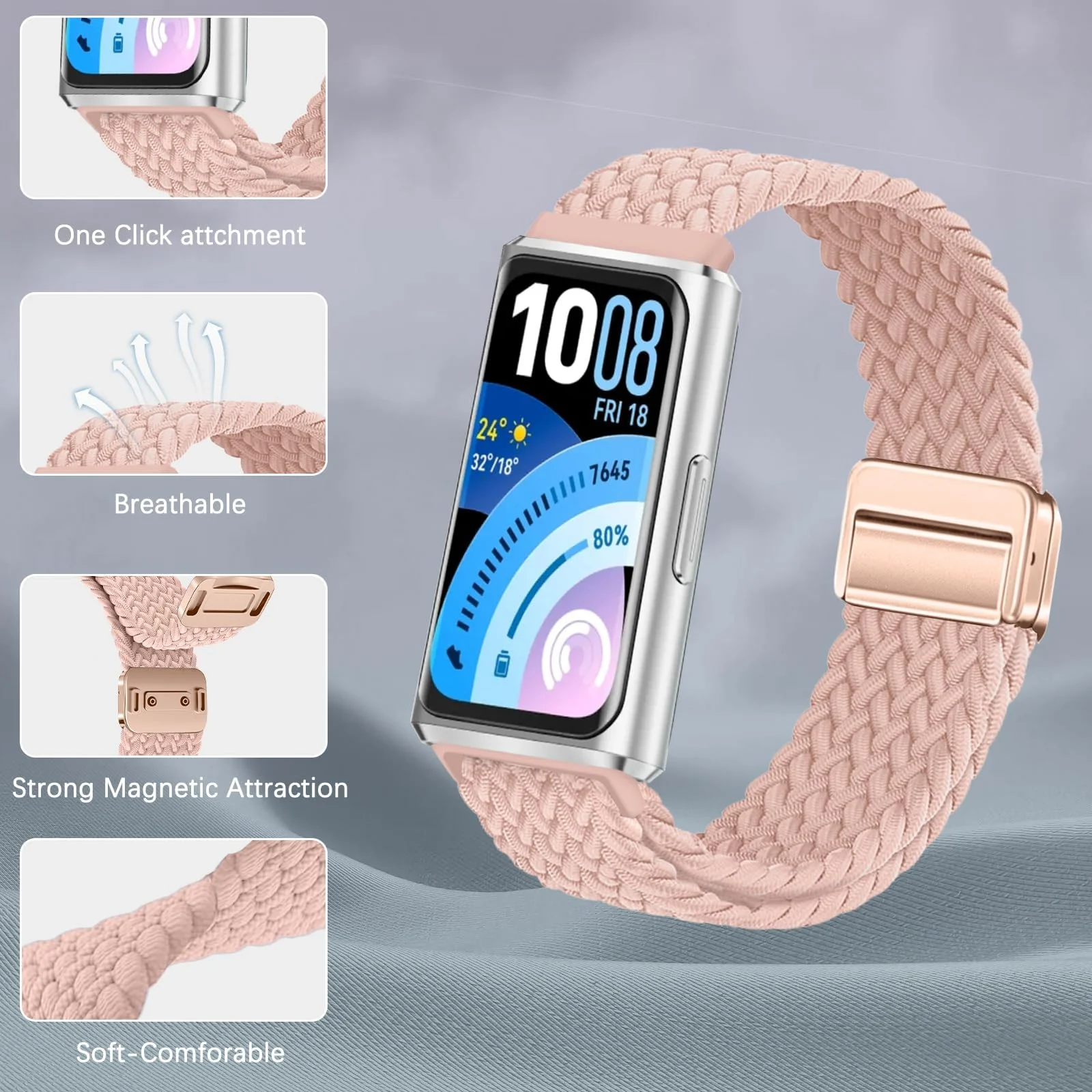 DL3 MOBILAK Braided Elastic Nylon Magnetic Watch Strap for Huawei Band 11 / Band 11 Pro, Pink