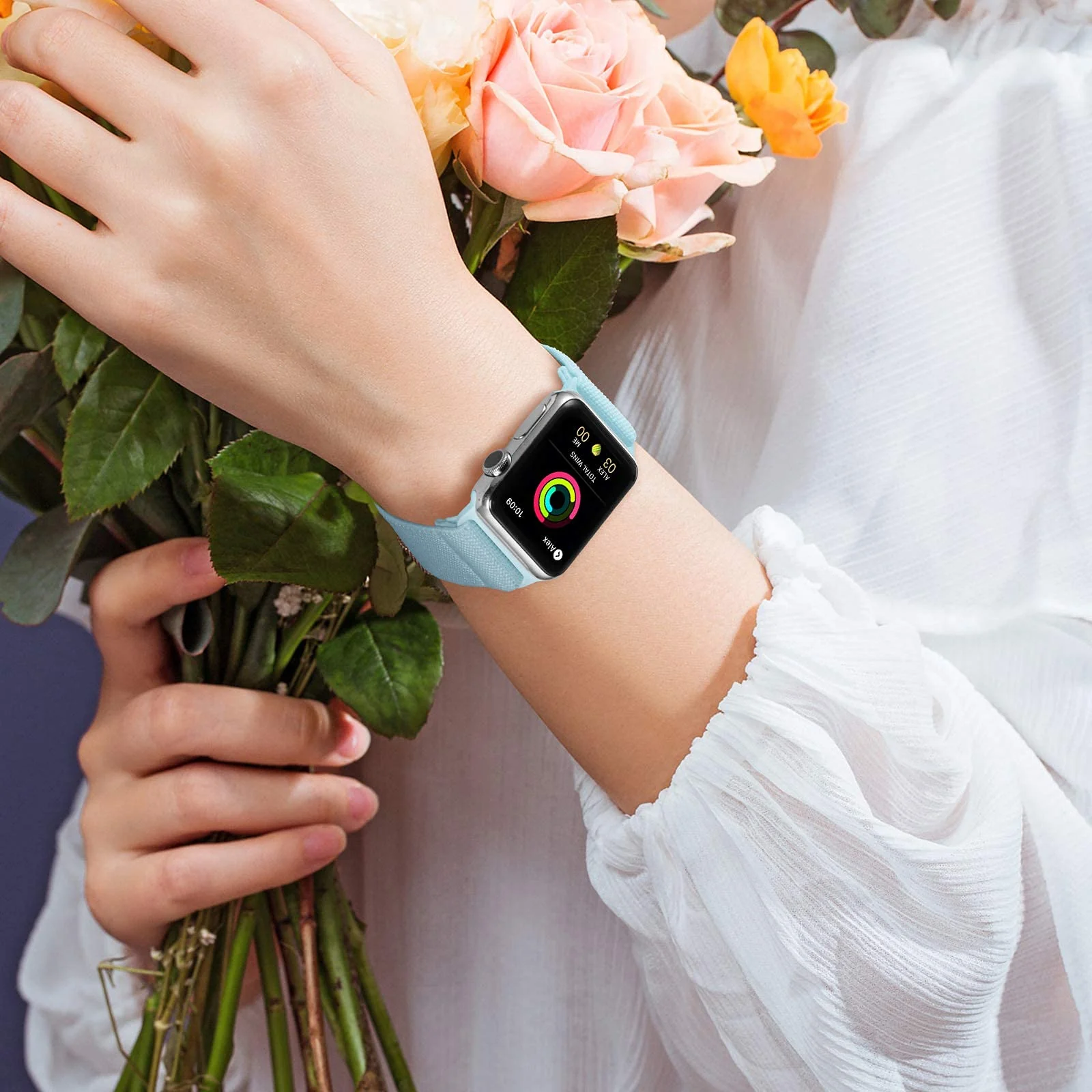 DL3 Mobilak Nylon Solo Loop Stretchy Straps For Apple Watch Band 49mm 45mm 44mm 42mm 41mm 40mm 38mm, Elastic Wristbands for Series 8 Ultra 7 6 5 4 3 2 1 Se (42MM/44MM/45MM/49MM) - Sky Blue