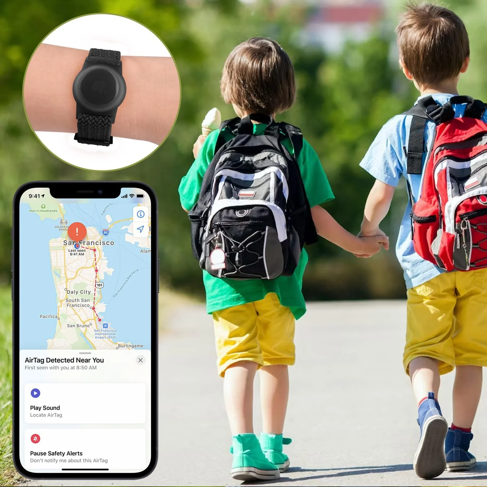 DL3 Mobilak Bracelet for Kids Compatible with AirTag, Nylon Stretch Braided Air Tag Wristband, Protective Case for Airtag GPS Tracker Holder, Adjustable Elastic Watch Strap for Toddler Child Elde - Black
