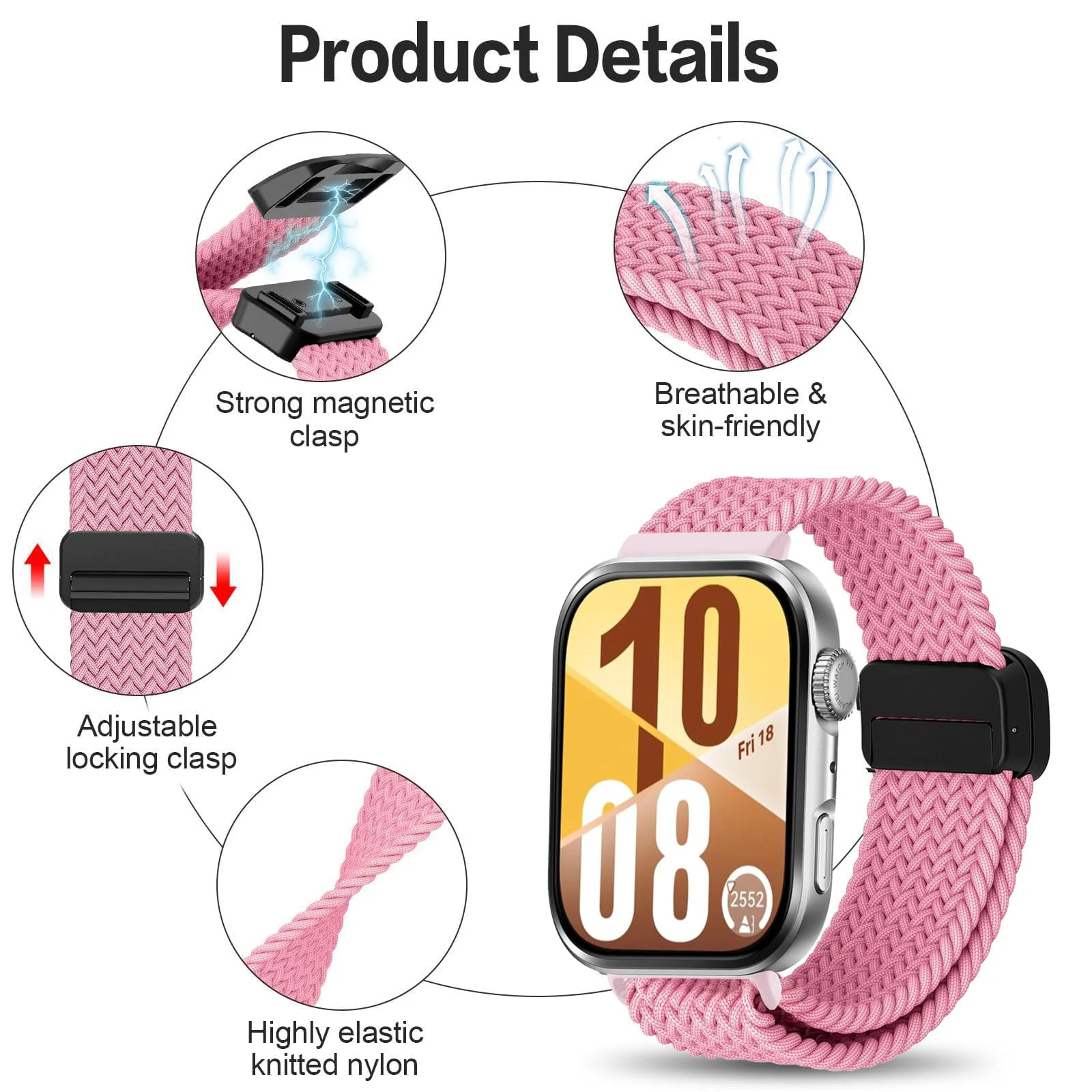 DL3 Mobilak Braided Strap for Huawei Watch Fit 4 / Fit 4 Pro/Fit 3 Bracelet, Quick Release Adjustable Nylon Sport Elastic Loop Band, Anti-Slip Magnetic Buckle Stretchy Nylon Strap - Pink