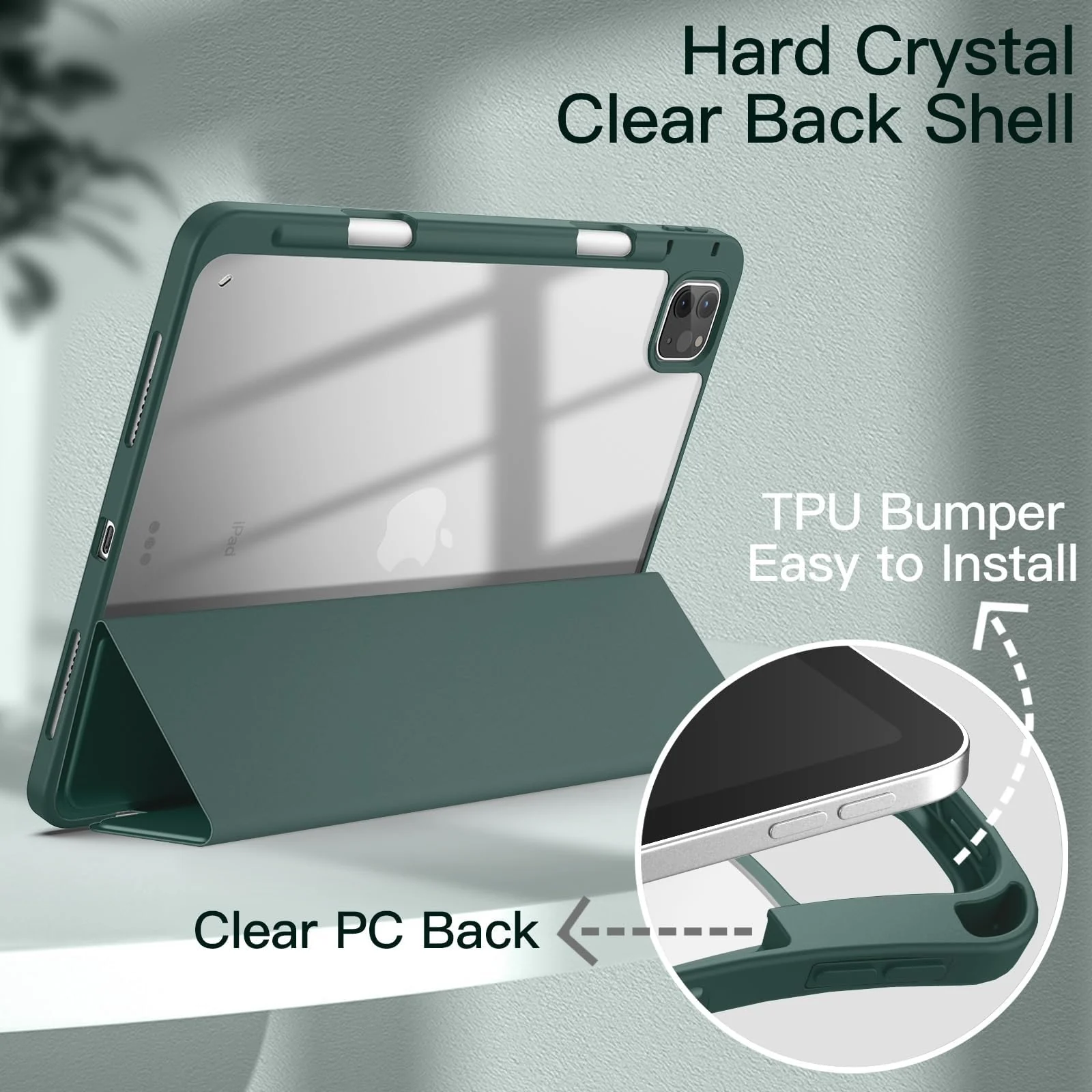 DL3 Mobilak for iPad Pro 11 Inch Case 4th /3rd /2nd Generation(2022/2021/ 2020), Clear Shockproof Back Cover Built-in Pencil Holder, Auto Sleep/Wake - Green