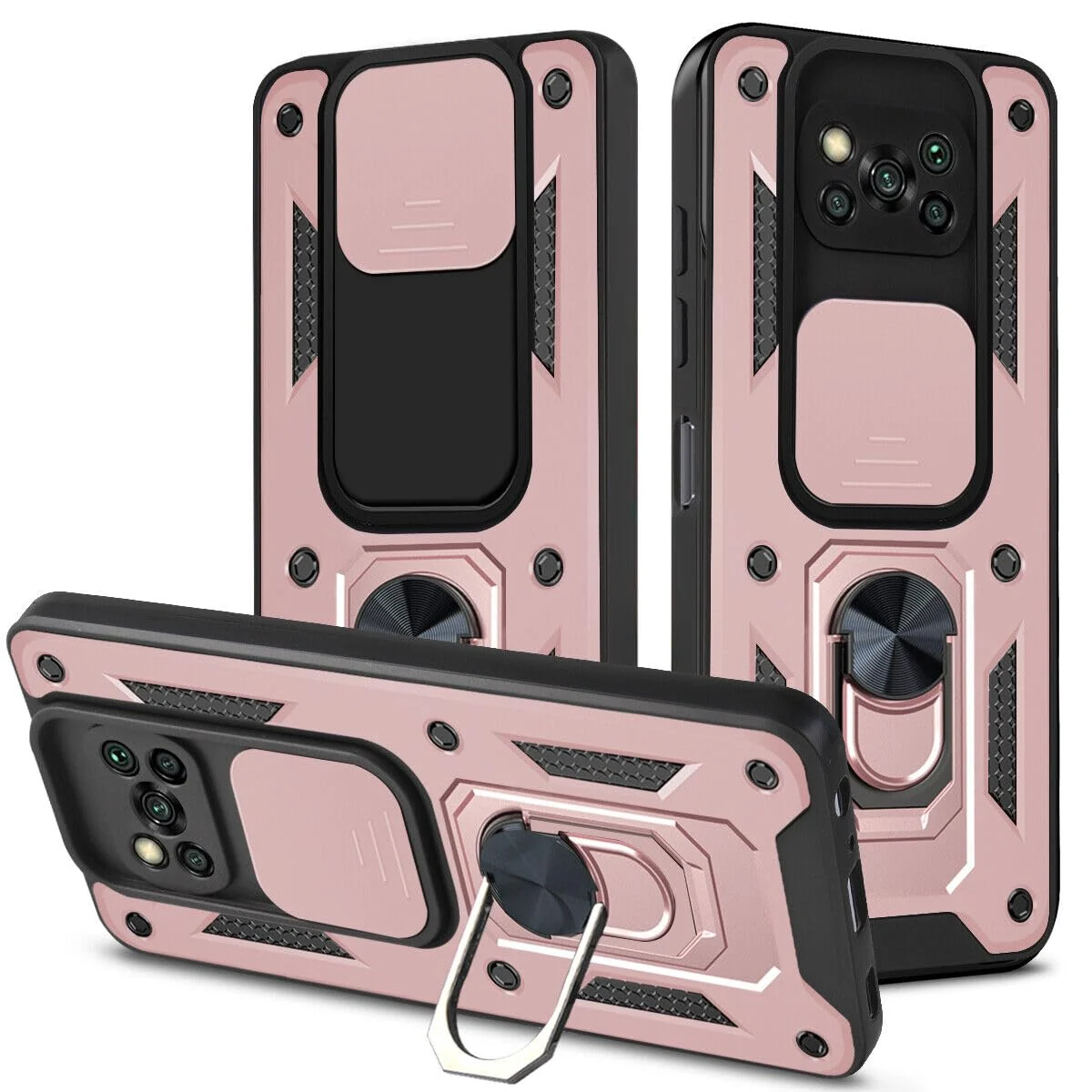 DL3 Mobilak Protective Case with Sliding Camera Cover, Metal Ring Kickstand and Magnetic Car-Mount Support for Xiaomi Poco X3 Pro / Poco X3 NFC / Poco X3 - Rose Gold