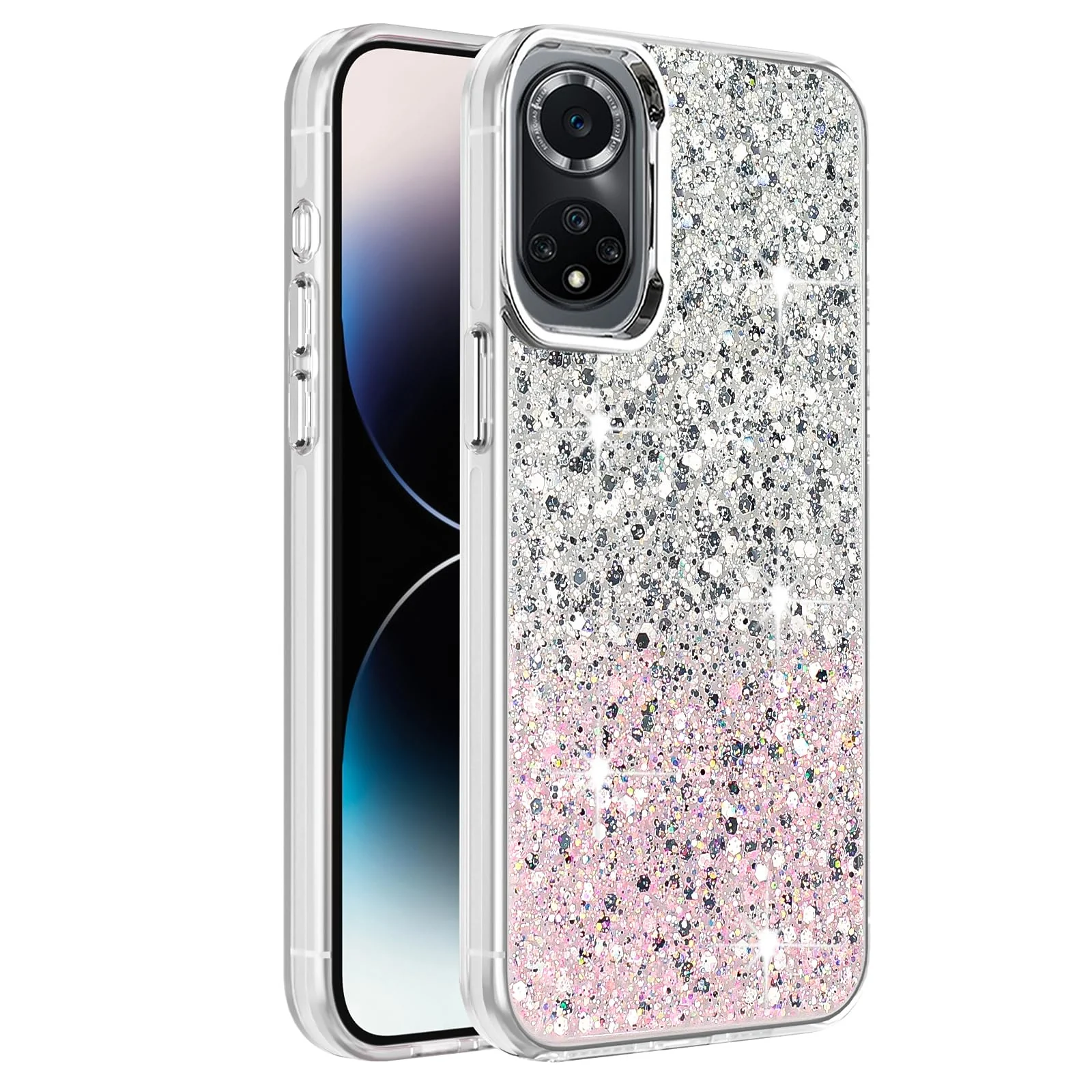 DL3 Mobilak Glitter Protective Case for Honor 50 / Huawei Nova 9, Supports wireless charging, Camera protection, Shock-absorbing protection - White Pink