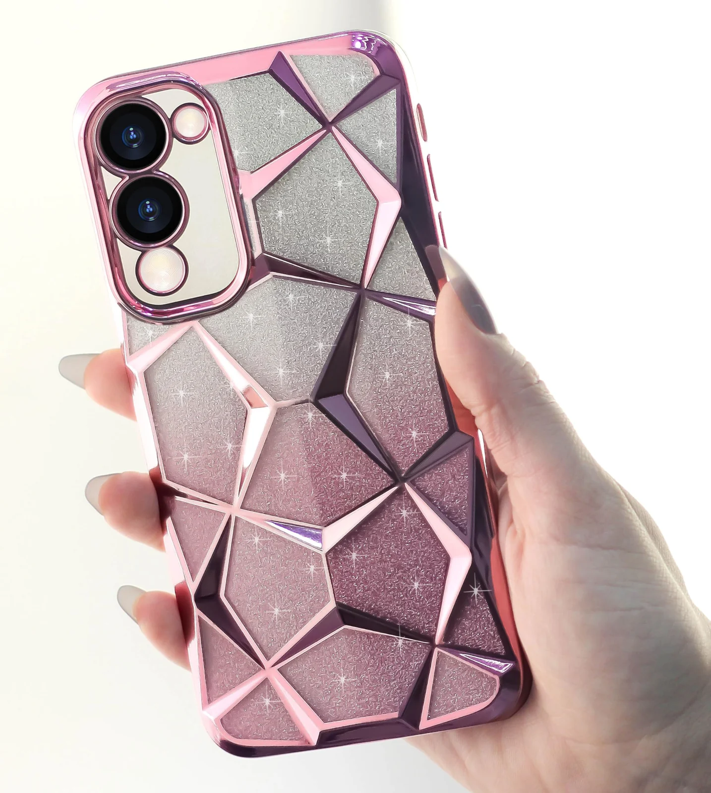 DL3 Mobilak Compatible with Vivo Y04 / Vivo Y29s 5G Case Plating Bling Gradient Glitter Clear Cover Soft TPU Silicone Cute Camera Protection Shockproof Back for Women Girls Case - Pink