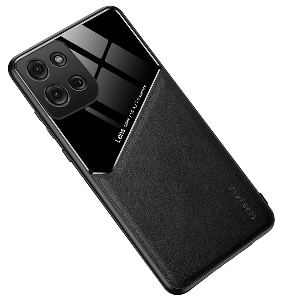 DL3 Mobilak Leather and PC Protective Case for Motorola Moto G75 5G, Built-in magnetic car-mount support, Shock-absorbing protection, Raised edges around the screen and camera - Black