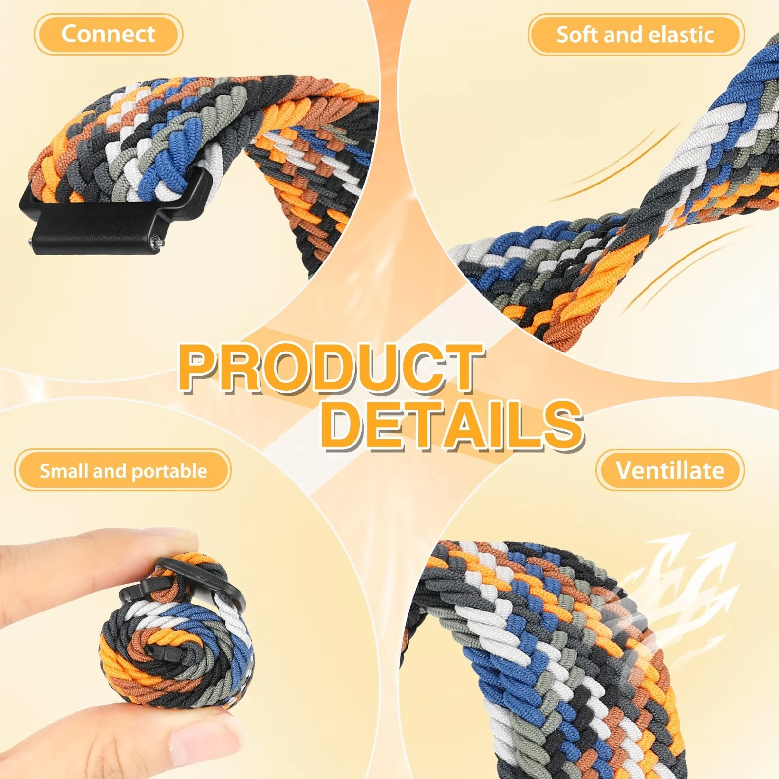 DL3 Mobilak Band 20MM Nylon Braided Solo Loop Strap For Samsung Gear Sport/Watch 6/5/4 40mm 44mm/Watch 6 Classic 43mm 47mm/ 5 Pro 45mm/active 2 40mm 44mm (camouflage colorful, Medium), unisex-adult - Black