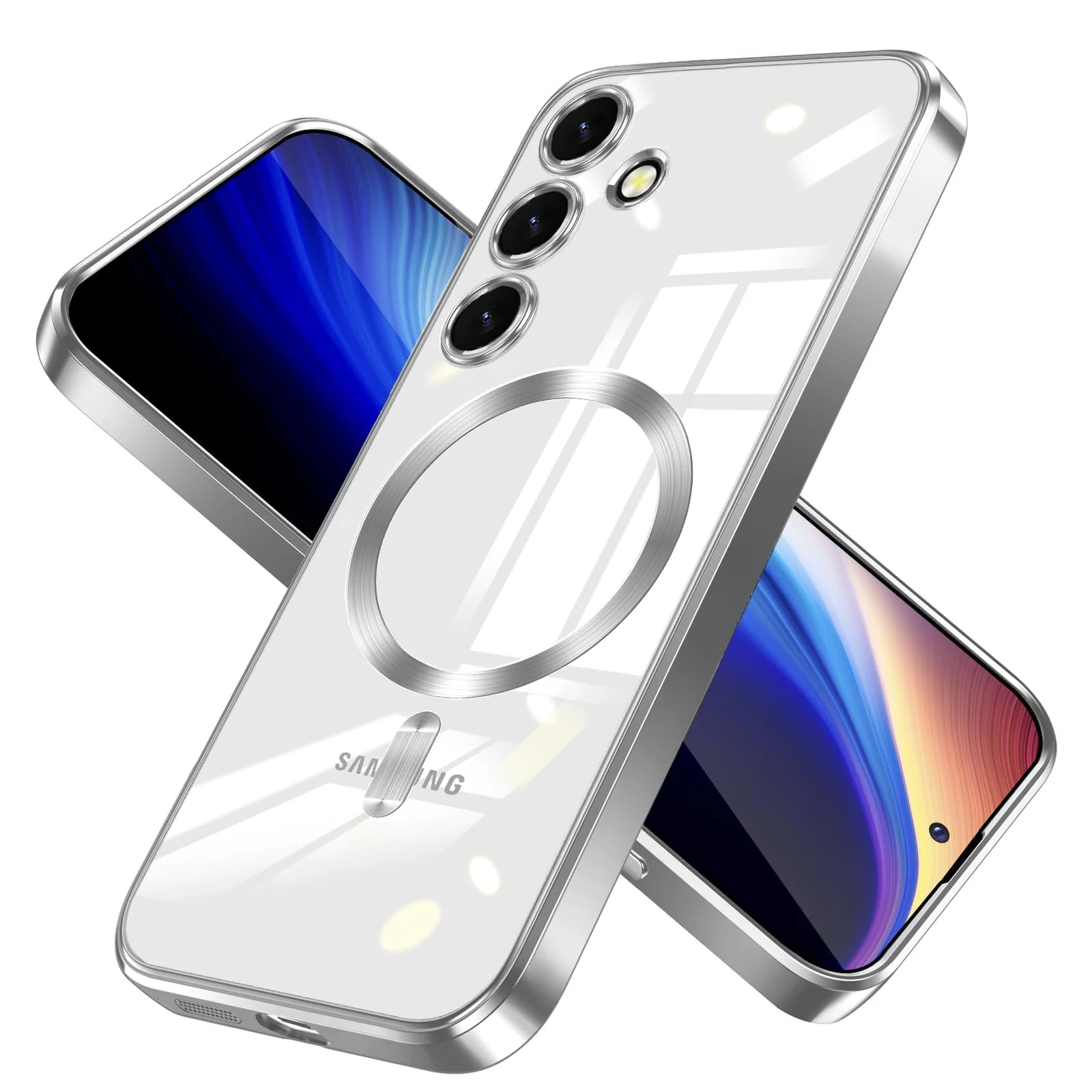 DL3 Mobilak For Samsung Galaxy A55 Magnetic Case, Compatible with MagSafe, Built-in Camera Lens Protector, Luxury Plating Soft TPU Clear Shockproof Slim Thin Cover - Silver