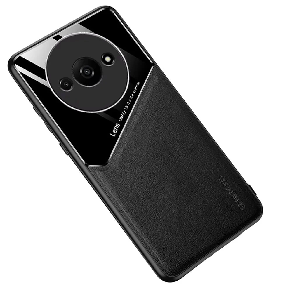 DL3 Mobilak Leather and PC Protective Case for Xiaomi Redmi A3, Built-in magnetic car-mount support, Shock-absorbing protection, Raised edges around the screen and camera - Black