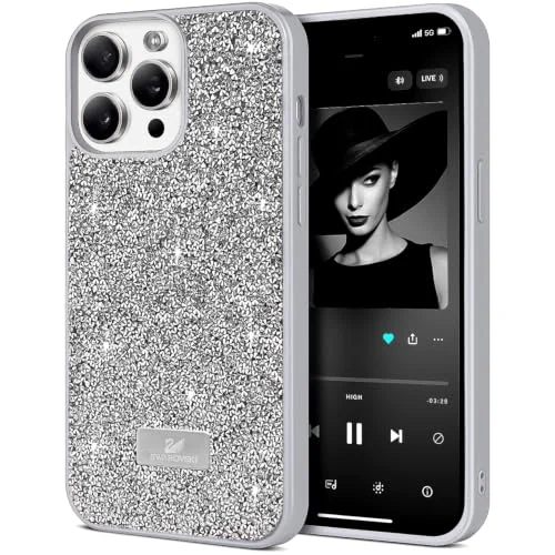 DL3 Mobilak Glitter Rhinestone Protective Case for iPhone 15 Pro with Shockproof Design - Silver 2