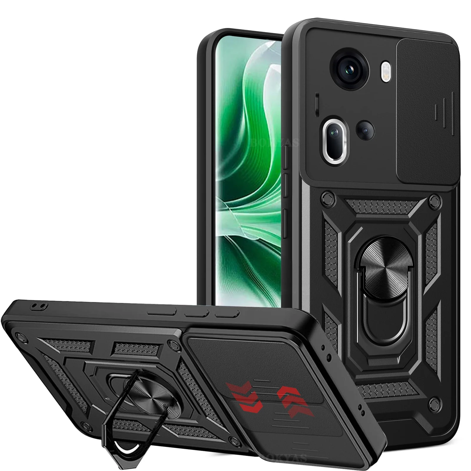 DL3 Mobilak Silicone Protective Case for OPPO Reno 11 5G with Slide Camera, Built-in magnetic car-mount support, Shock-absorbing protection, Built-in kickstand - Black