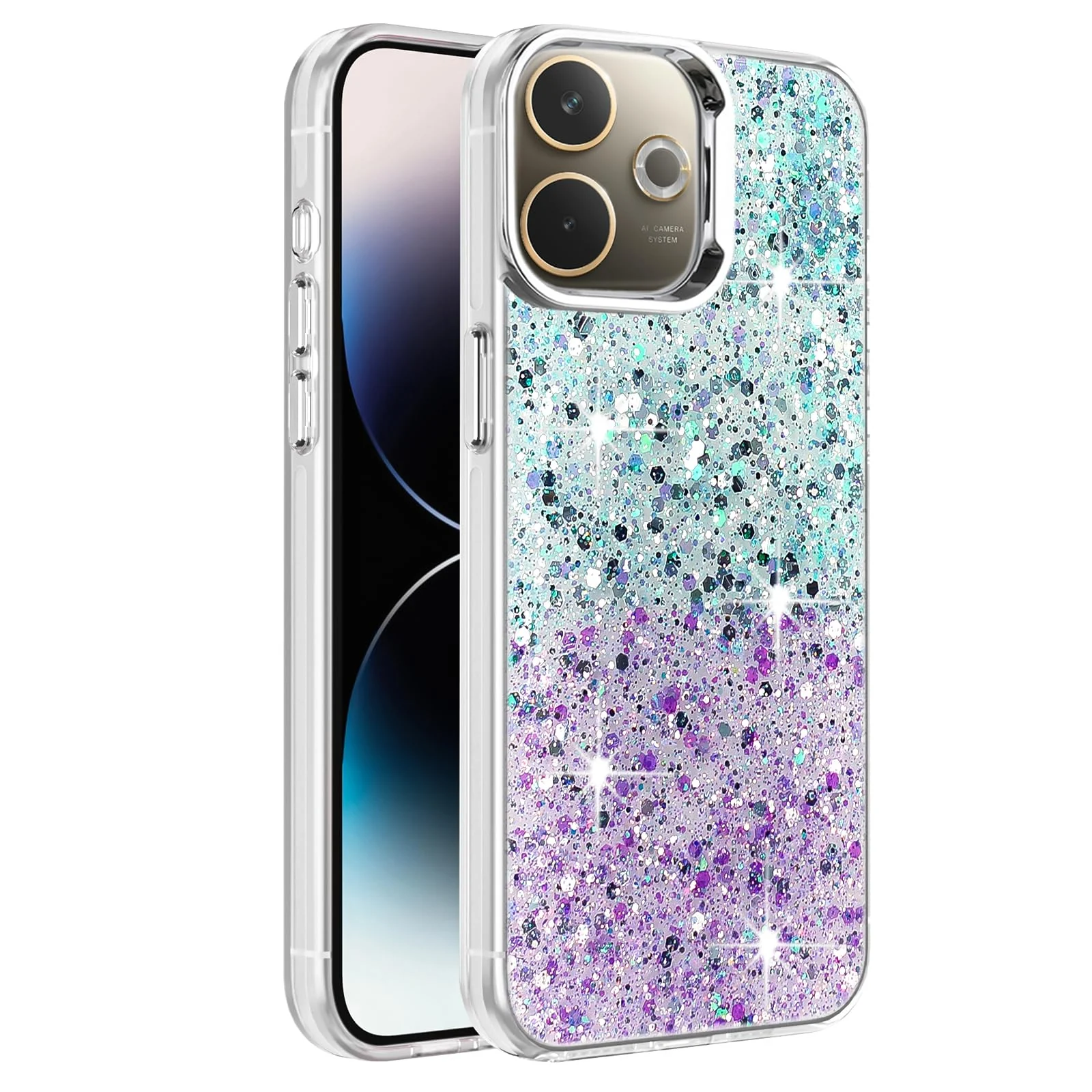 DL3 Mobilak Glitter Protective Case for OPPO A5 Pro 5G / 4G, Supports wireless charging, Camera protection, Shock-absorbing protection - Green Purple