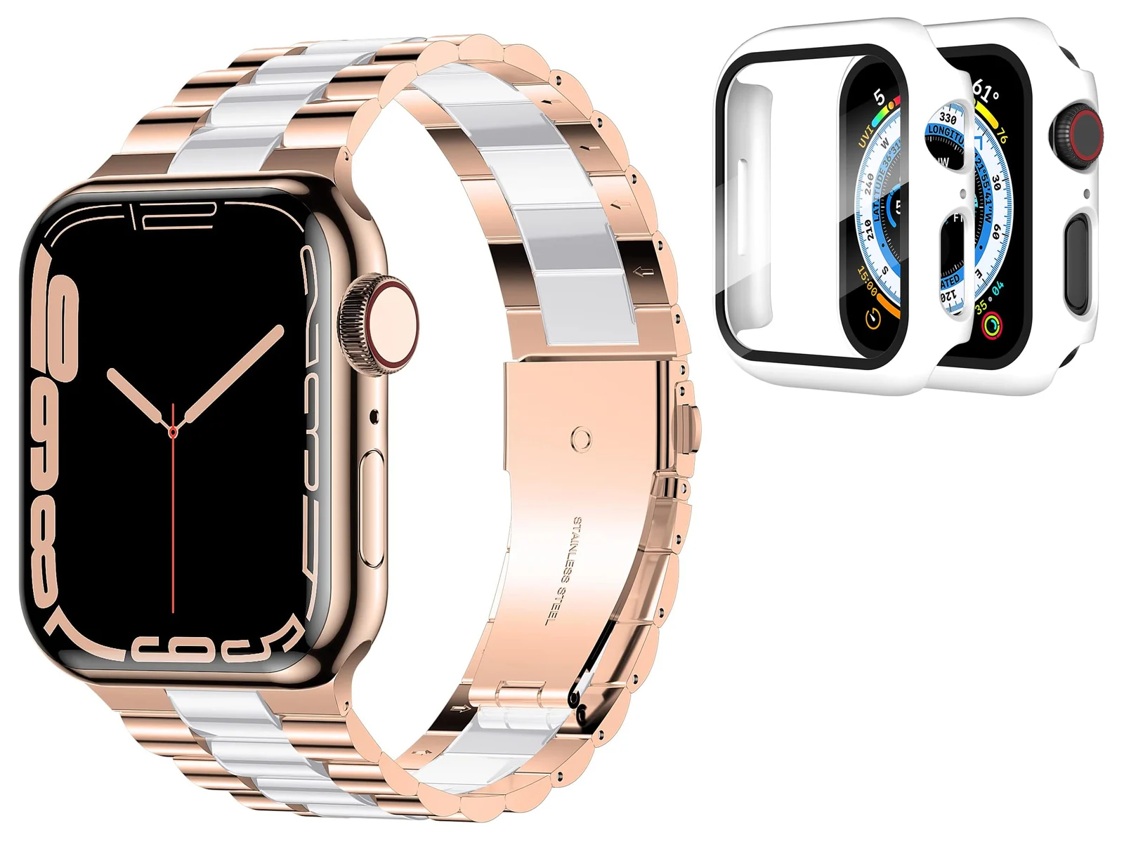 DL3 Mobilak Stainless Steel Band with Case Compatible with Apple Watch Band 45mm Series 9/8/7, Men Woman Business Strap with Protective Bumper Cover for iWatch Series 7/8/9 45mm - Rose Gold White