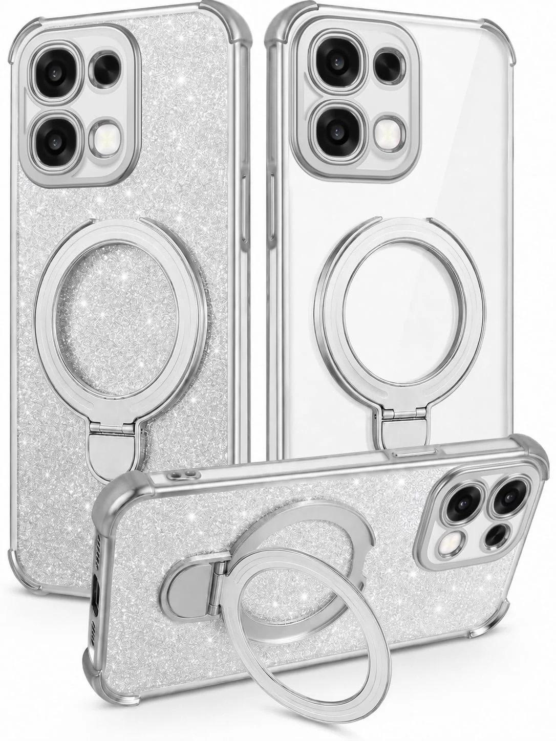 Mobigon Glitter Phone Case Compatible with OPPO A6 Pro, Magnetic Ring Stand Shockproof Cover, Clear Soft TPU Bumper with Full Camera Protection - Silver