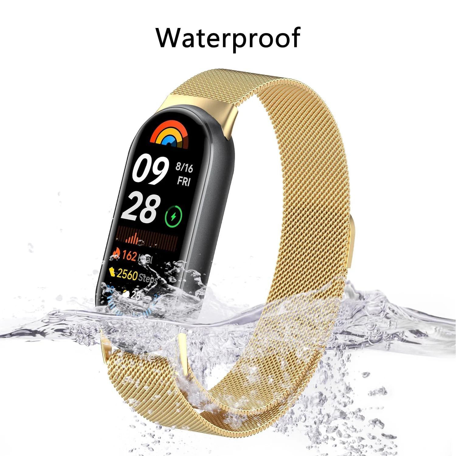 DL3 Mobilak Bracelet Compatible with Xiaomi Mi Band 10/9/8, Stainless Steel Replacement Straps, Mesh Metal Watch Strap, Magnetic Adjustable Replacement Strap For Xiaomi Smart Band 8/9/10 - Gold