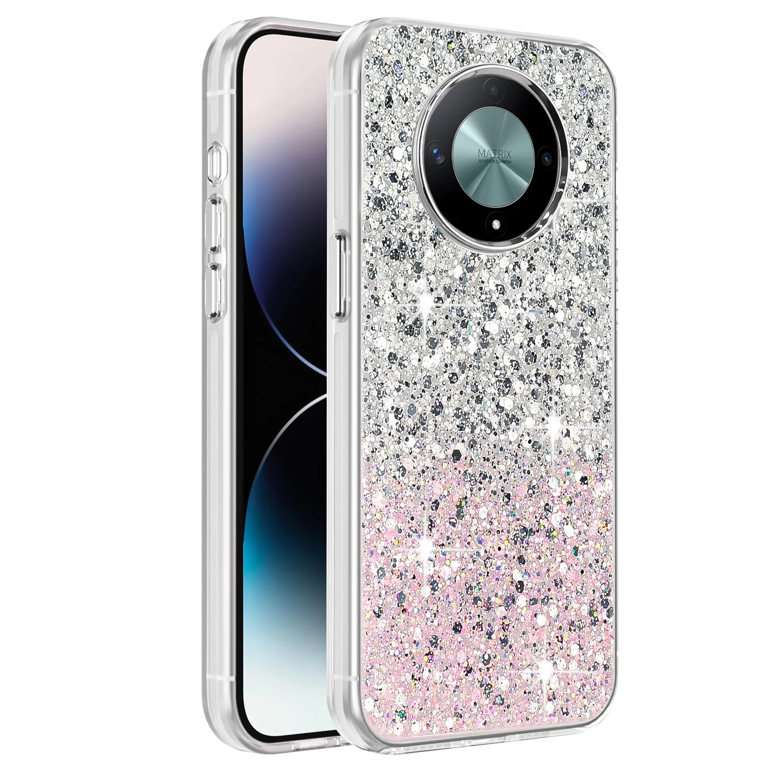 Dl3 Mobilak Compatible with Honor X9b/Honor Magic 6 Lite Case, Clear Glitter Bling Sparkly, Soft TPU Frame Bumper, Hard-Back Cover for Women & Girls, Transparent Protective Phone Case (Pink Purple)