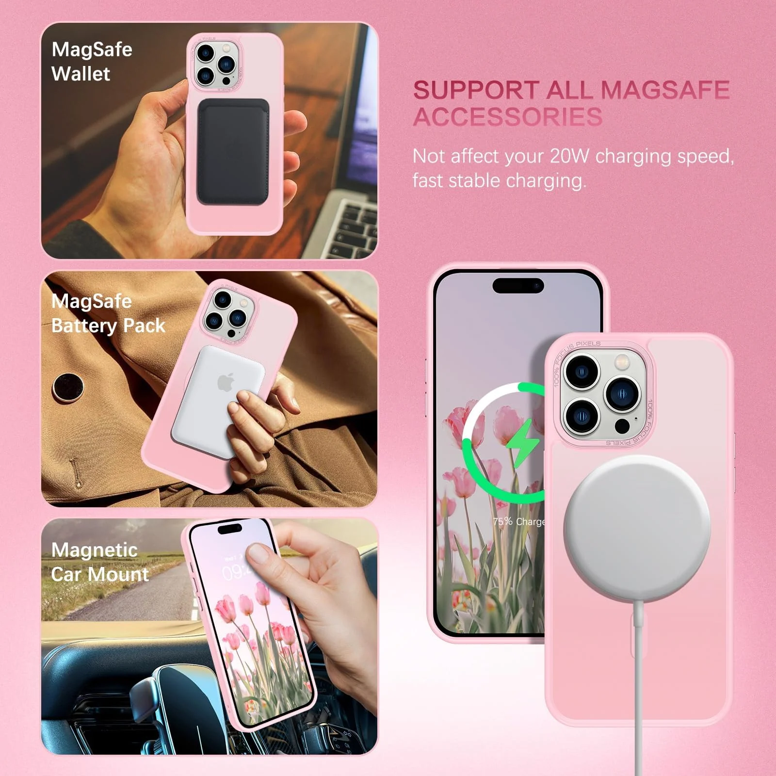 DL3 Mobilak Translucent Matte Case for iPhone 14 Pro Max 6.7-inch, Compatible with MagSafe accessories, Supports wireless charging, Built-in magnetic car-mount support - Pink