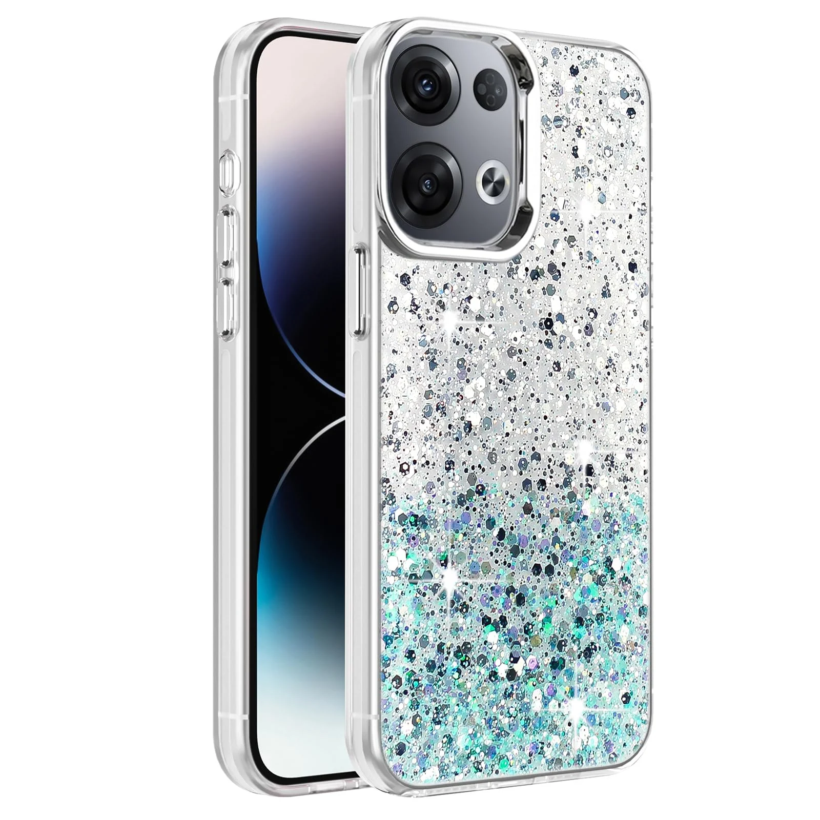 DL3 Mobilak Glitter Protective Case for OPPO Reno 8 Pro 5G / Reno8 Pro + Plus 5G, Supports wireless charging, Camera protection, Shock-absorbing protection - White Green