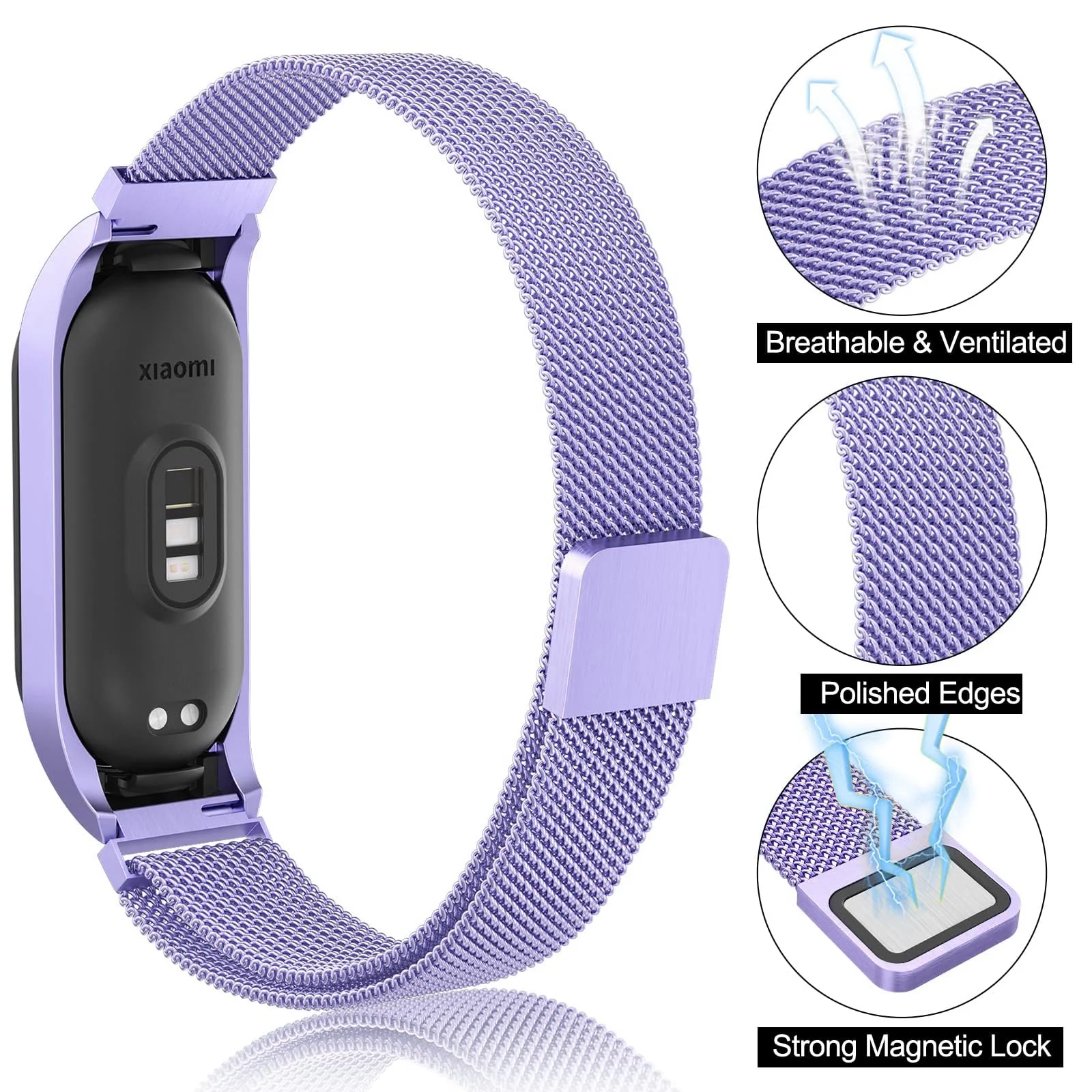 DL3 Mobilak Compatible with Xiaomi Mi Band 7 Strap for Women Men, Adjustable Stainless Steel Metal Replacement Strap Magnetic Metal Wristband, Straps Compatible with Mi Band 7 - Light Purple