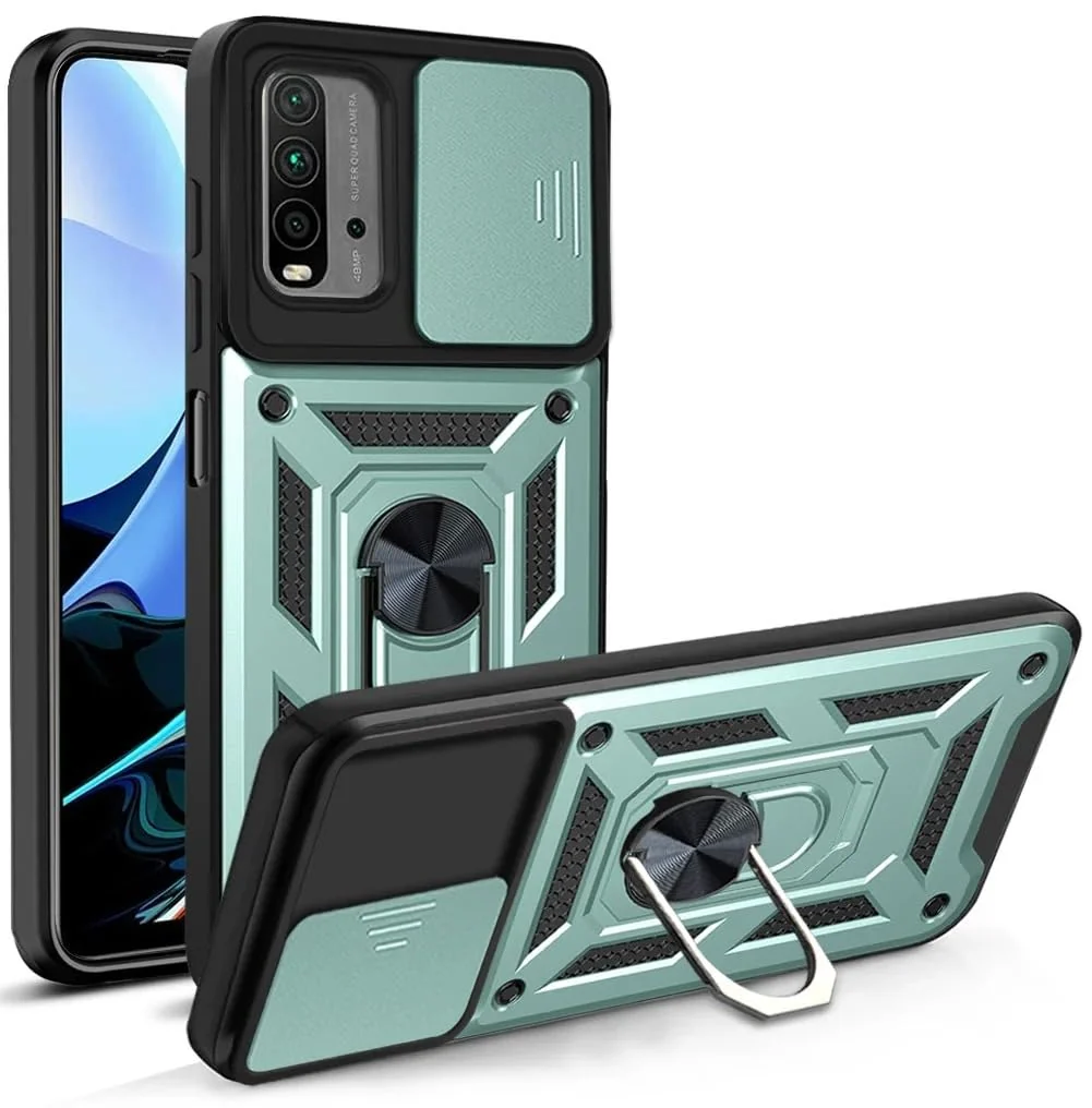 DL3 Mobilak Military-Grade Protective Case with Sliding Camera Cover, Metal Ring Kickstand and Magnetic Car-Mount Support for Xiaomi Redmi 9T / Poco M3 / Redmi Note 9 4G - Green