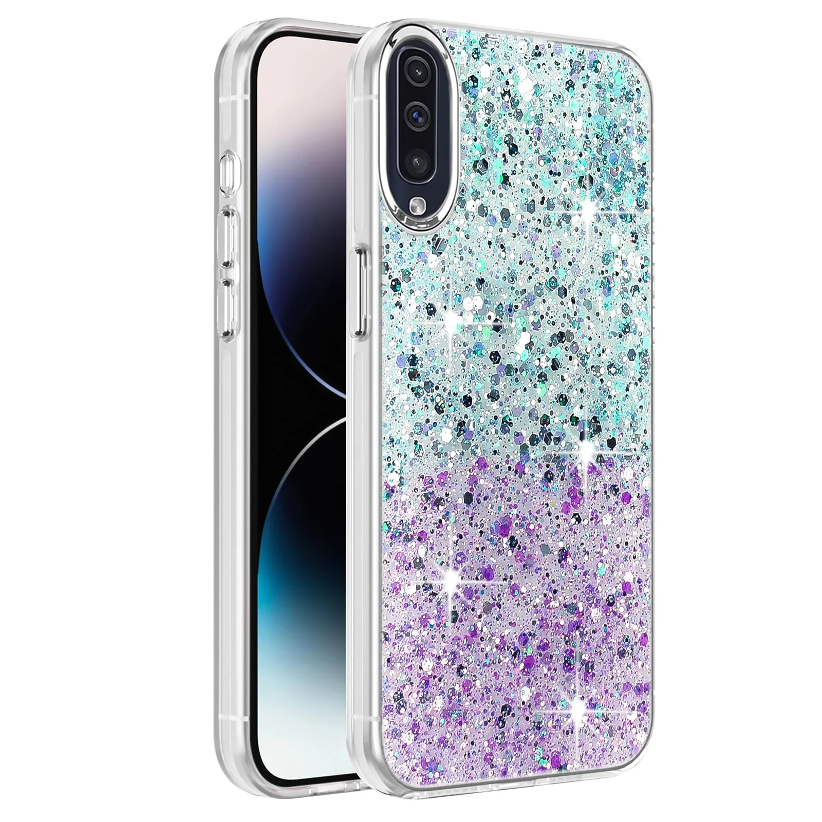 DL3 Mobilak Compatible with Samsung Galaxy A50/ A30S/A50S Case, Clear Glitter Bling Sparkly, Soft TPU Frame Bumper, Hard-Back Cover for Women & Girls, Transparent Protective Phone Case - Green Purple