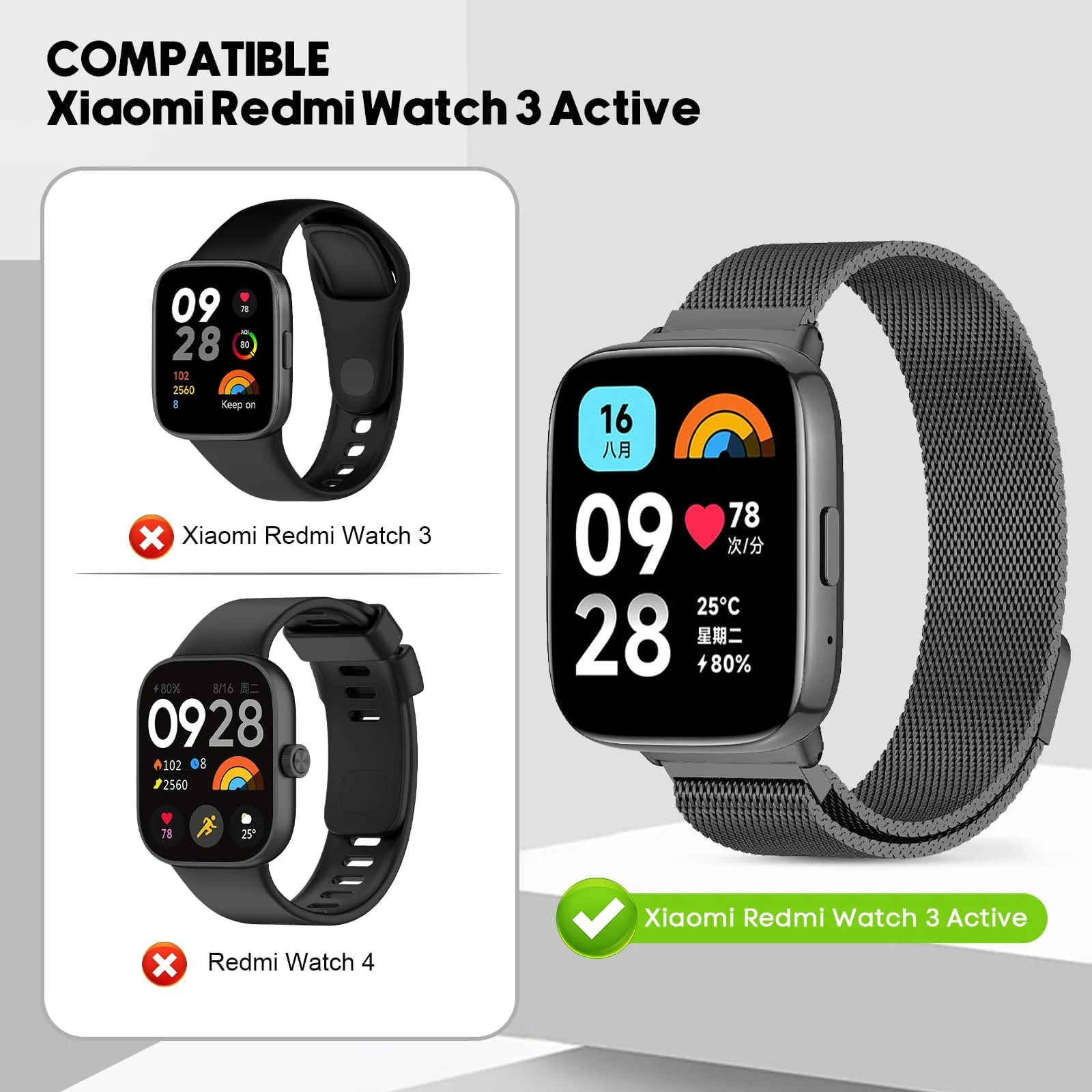 DL3 Mobilak Bracelet Compatible with Xiaomi Redmi Watch 3 Active/Redmi Watch 3 Lite, Stainless Steel Replacement Strap, Mesh Metal Watch Strap, Magnetic Adjustable Replacement Band For Men Women - Black