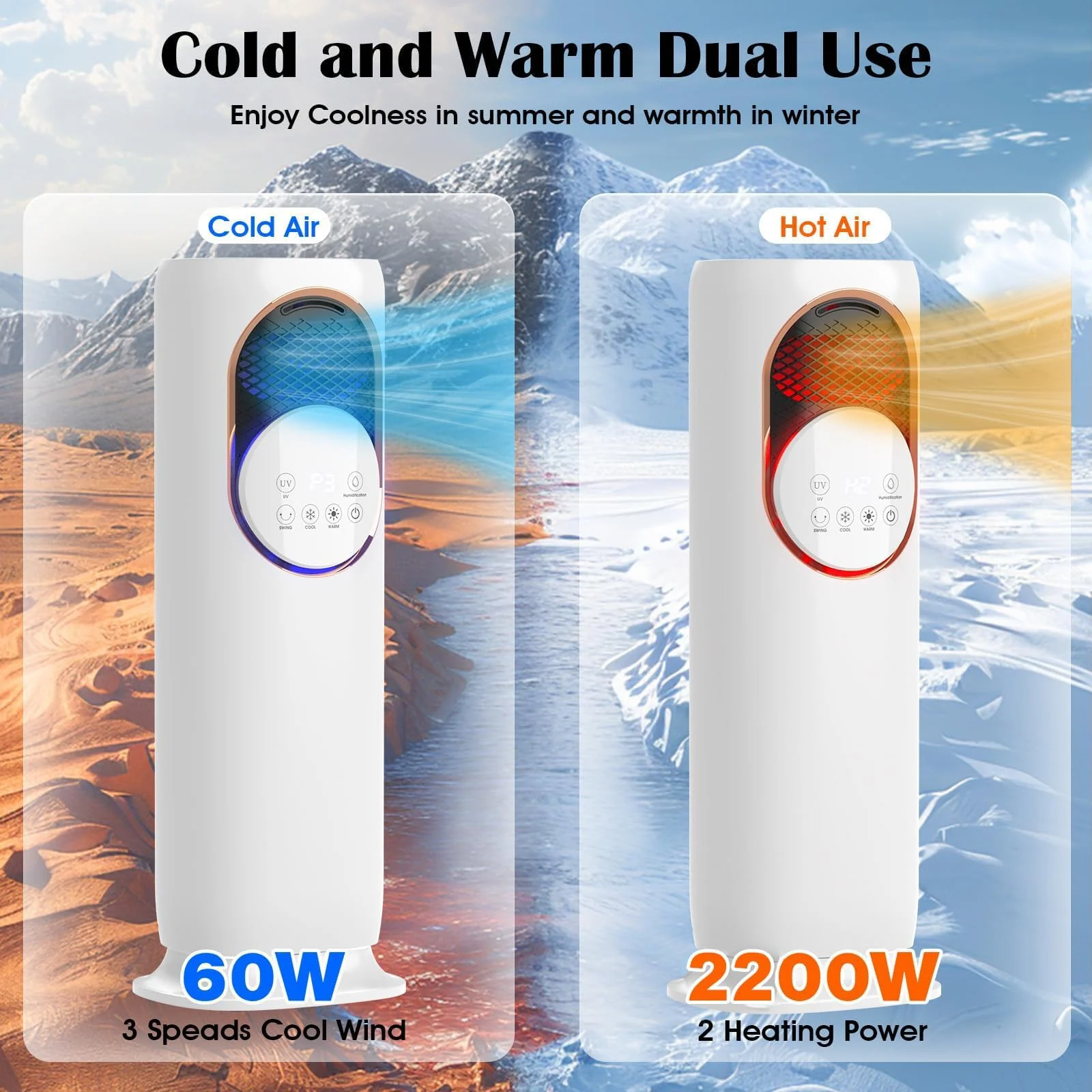 Mobigon 4 in 1 Fan and Heater Combo with Humidification, 4L Water Tank with Remote Control, Touch, 180° Oscillating, 2 Speed Heating, 3 Speed Cooling, 12H Timer Tip-over & Overheat Protection - White